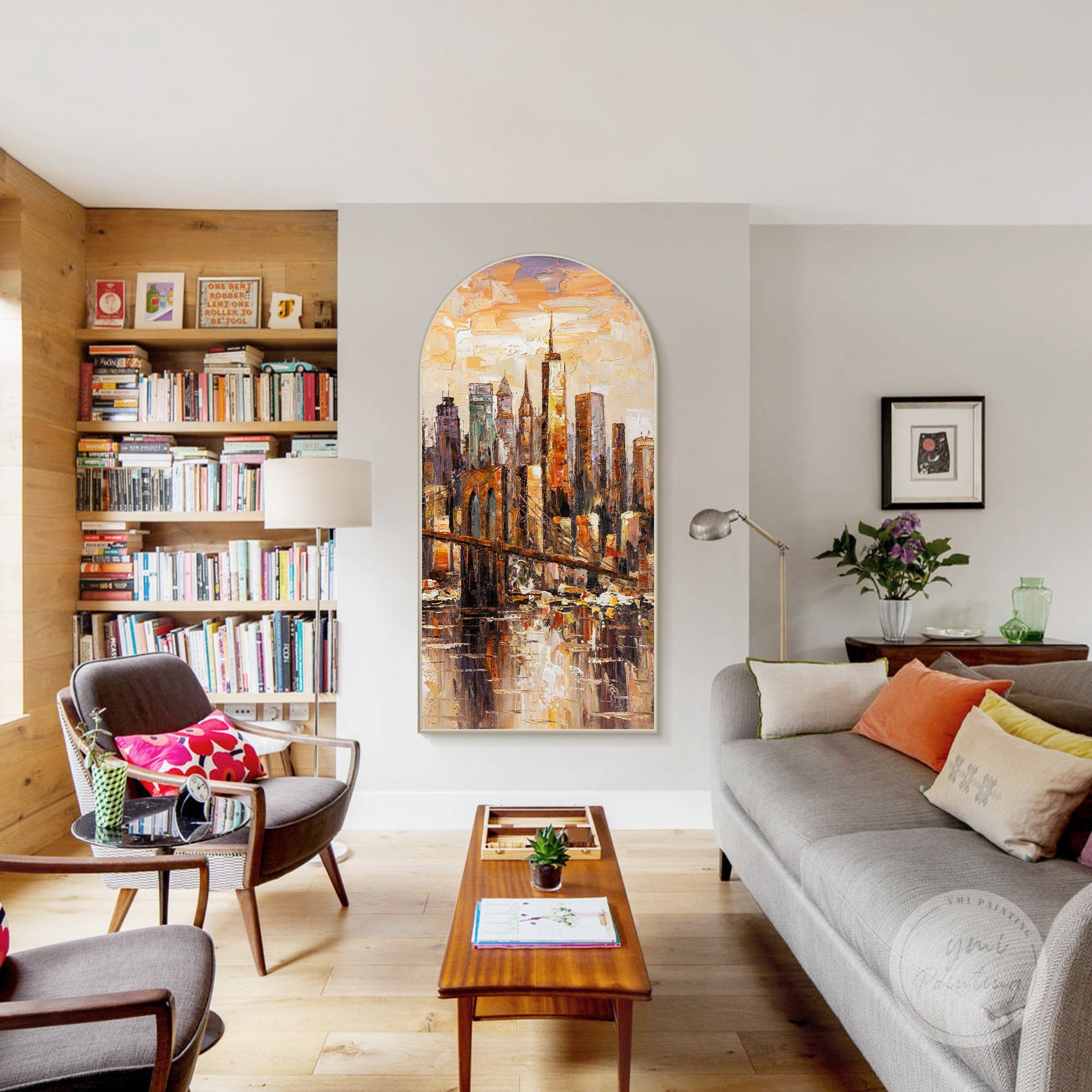 Arched frame painting of the Brooklyn Bridge, hand-painted with palette knife technique for dynamic texture.