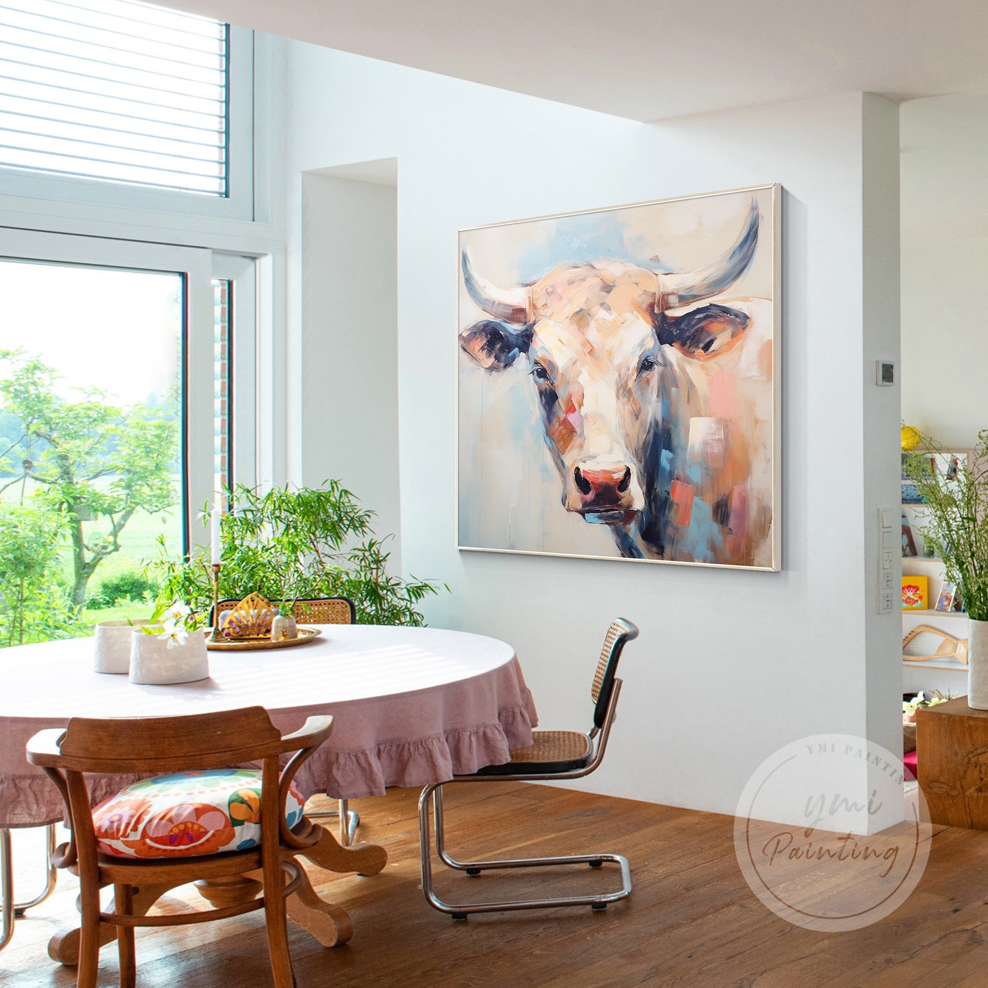 This playful cow painting, with its vibrant pastel palette, adds personality and charm to modern spaces.