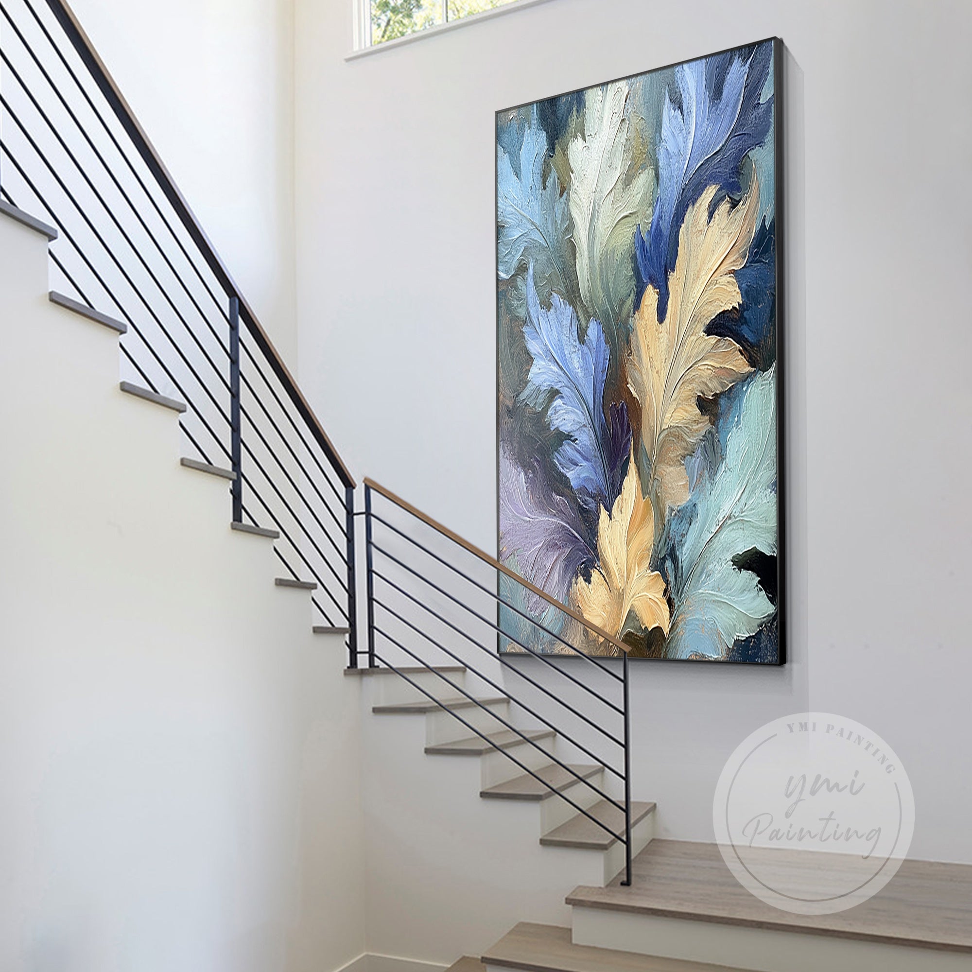 Autumn leaves canvas art featuring oak leaves in soft, muted tones of blue, yellow, and purple.