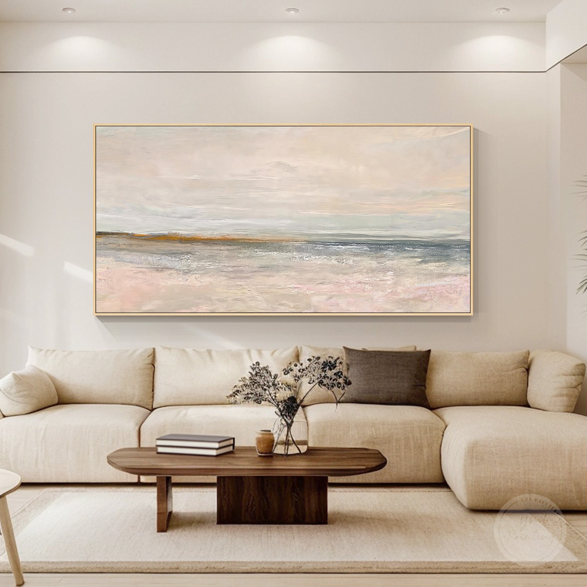 Neutral panoramic abstract artwork with soft pink accents