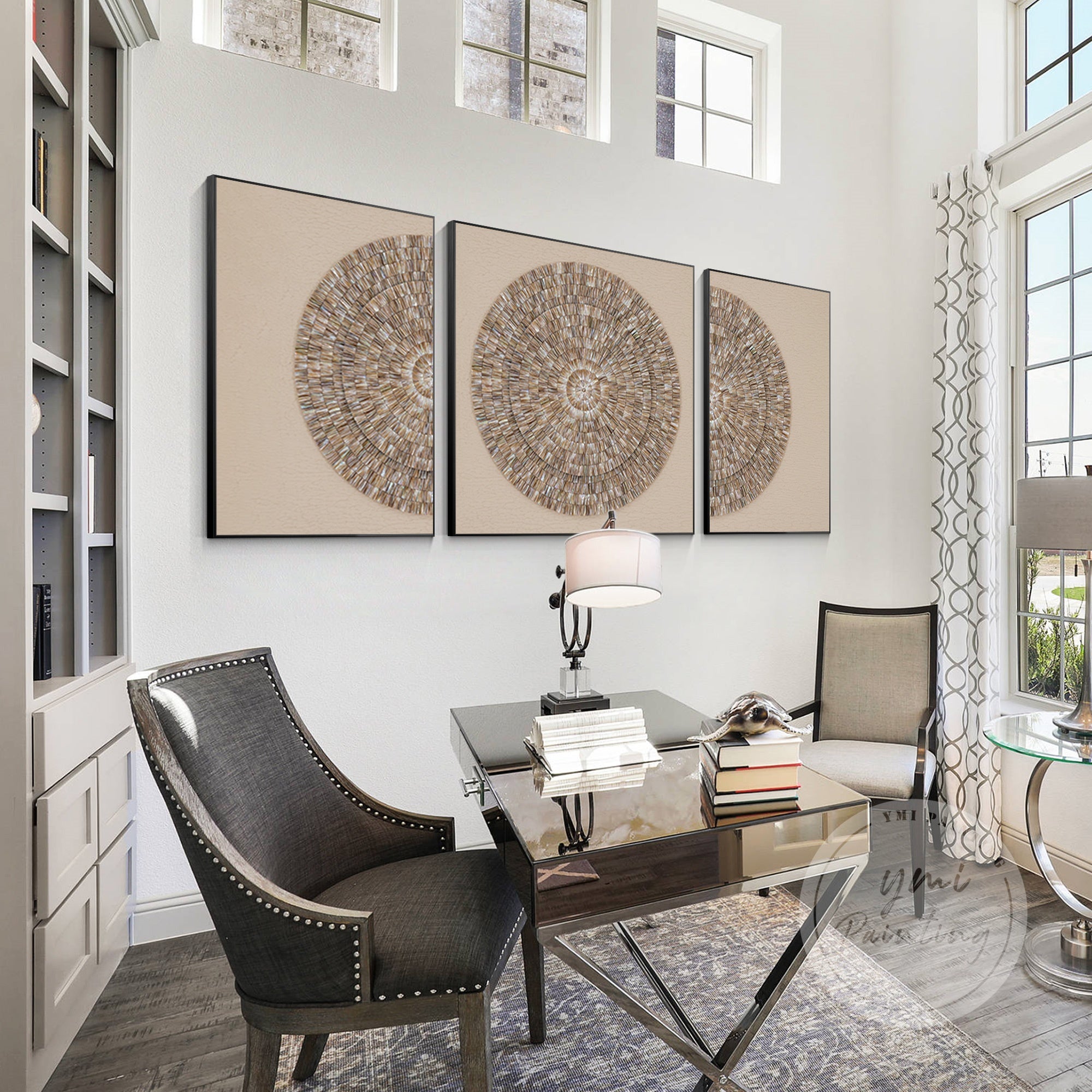 Trio of luxury oyster shell panels, arranged in a balanced round form.