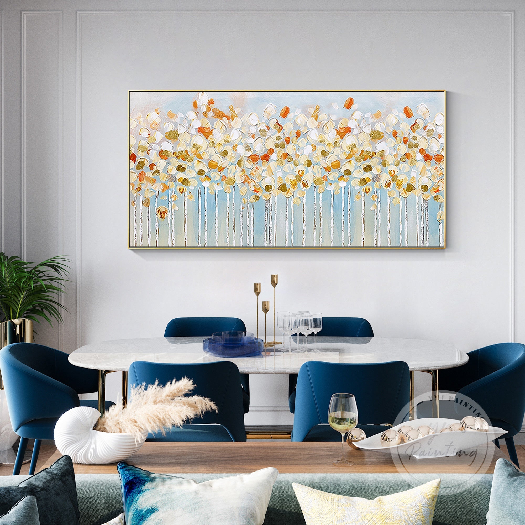 This stunning birch tree artwork, featuring vivid foliage, creates a calming atmosphere in any master bedroom.