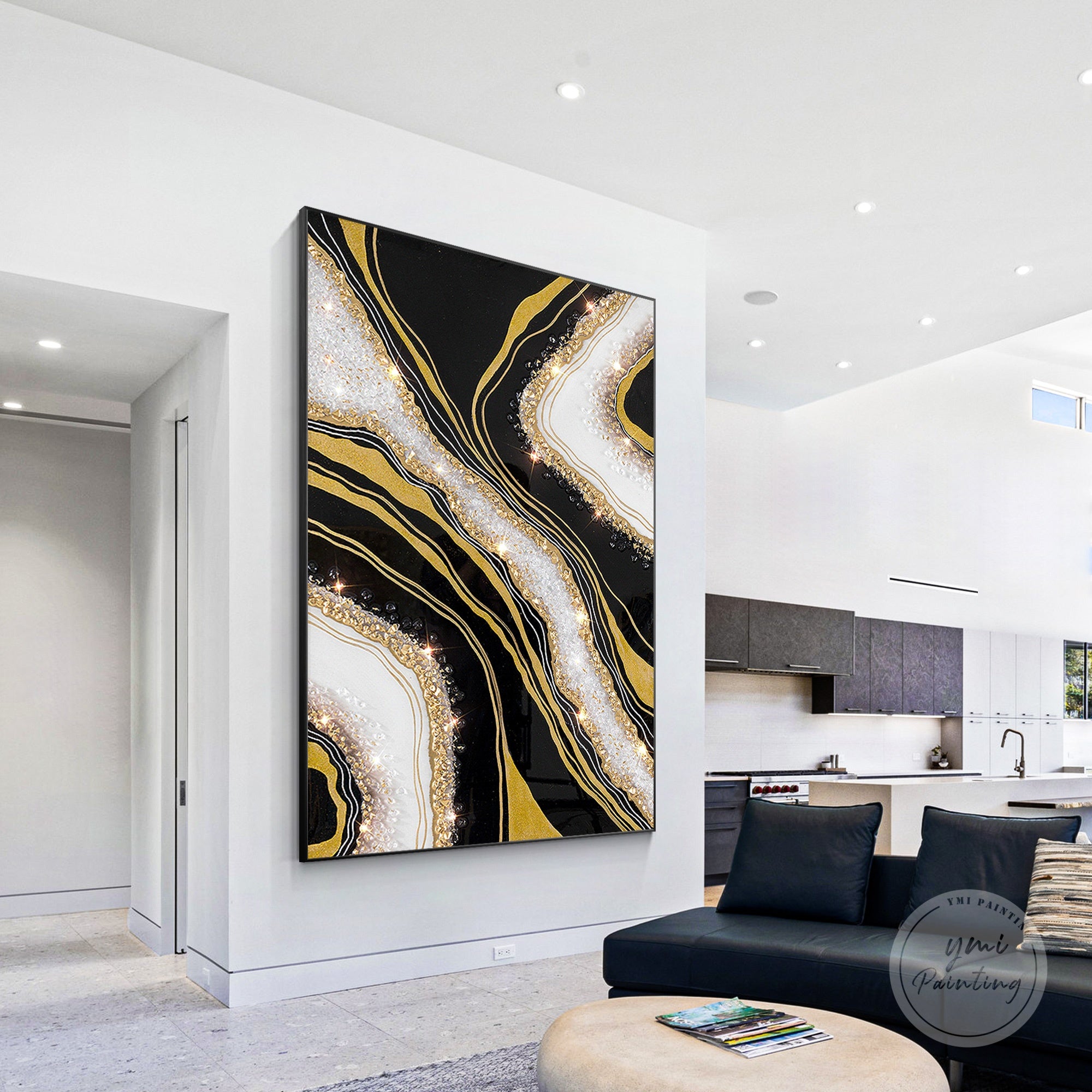 Black and gold geode resin artwork with 3D crystal and glitter accents.