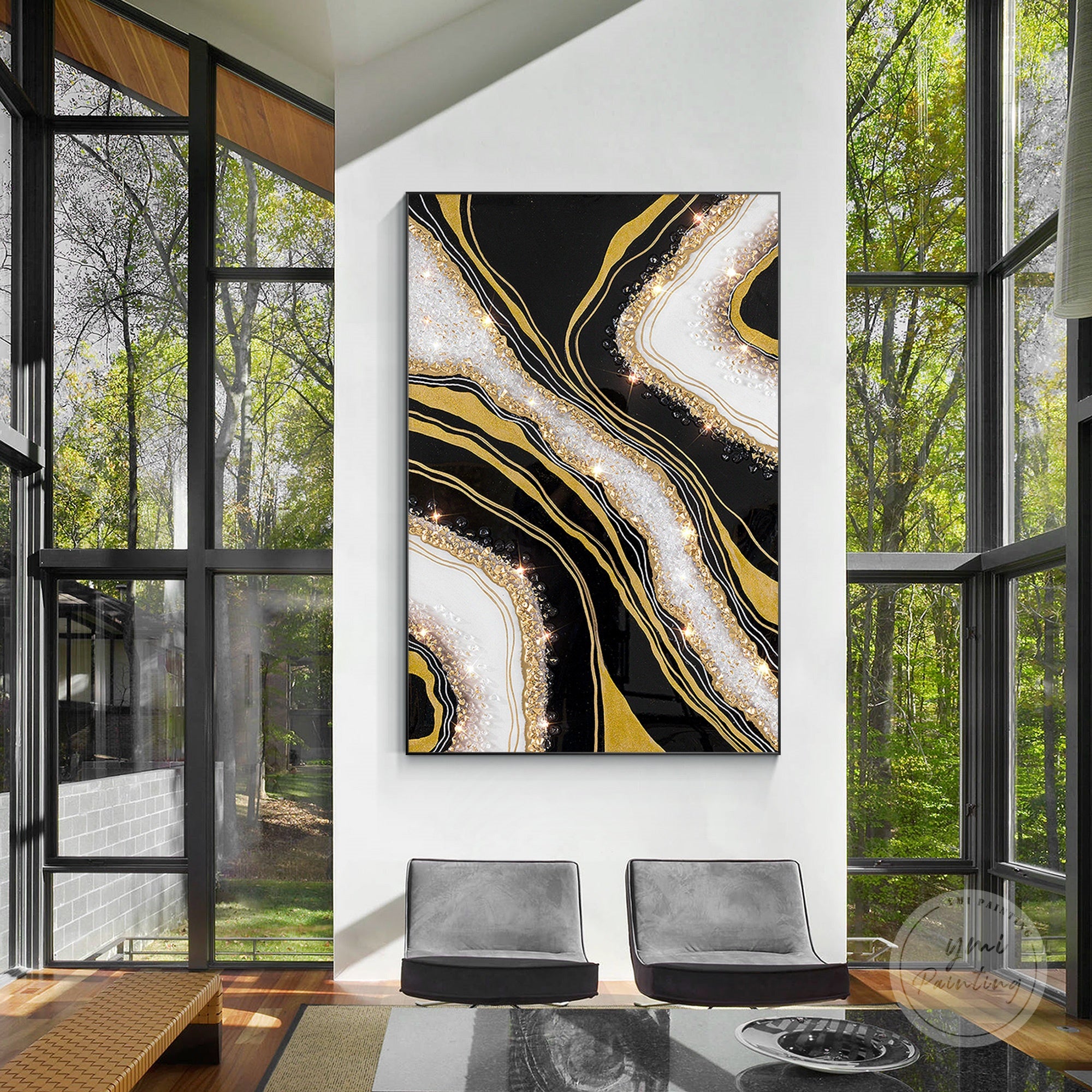 Large black gold resin wall art with crystal details for upscale homes.