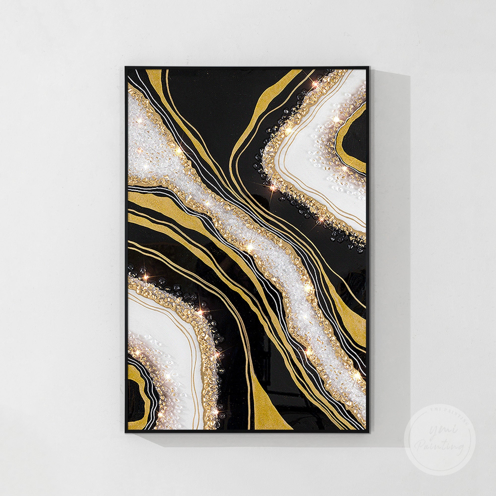 Black and gold geode resin painting ideal for dining rooms or lounges.