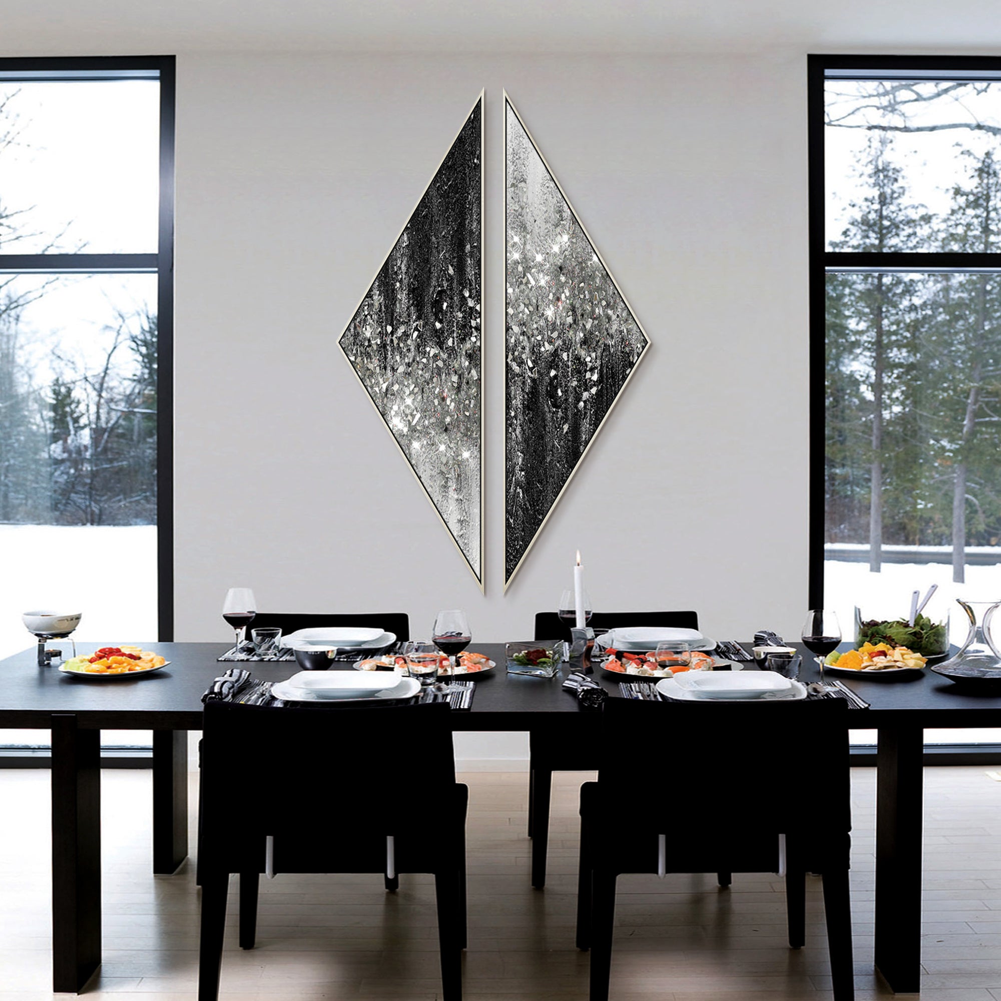 Abstract wall art in black and gray tones using glass glitter to create depth and texture