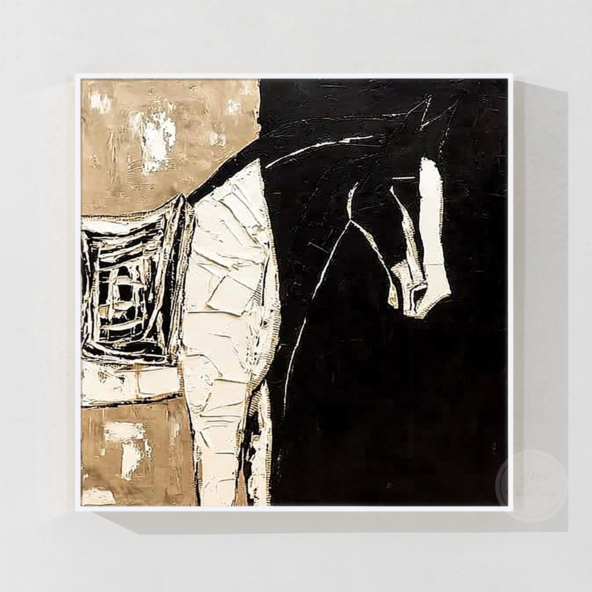 Abstract horse wall art featuring black white and beige colors