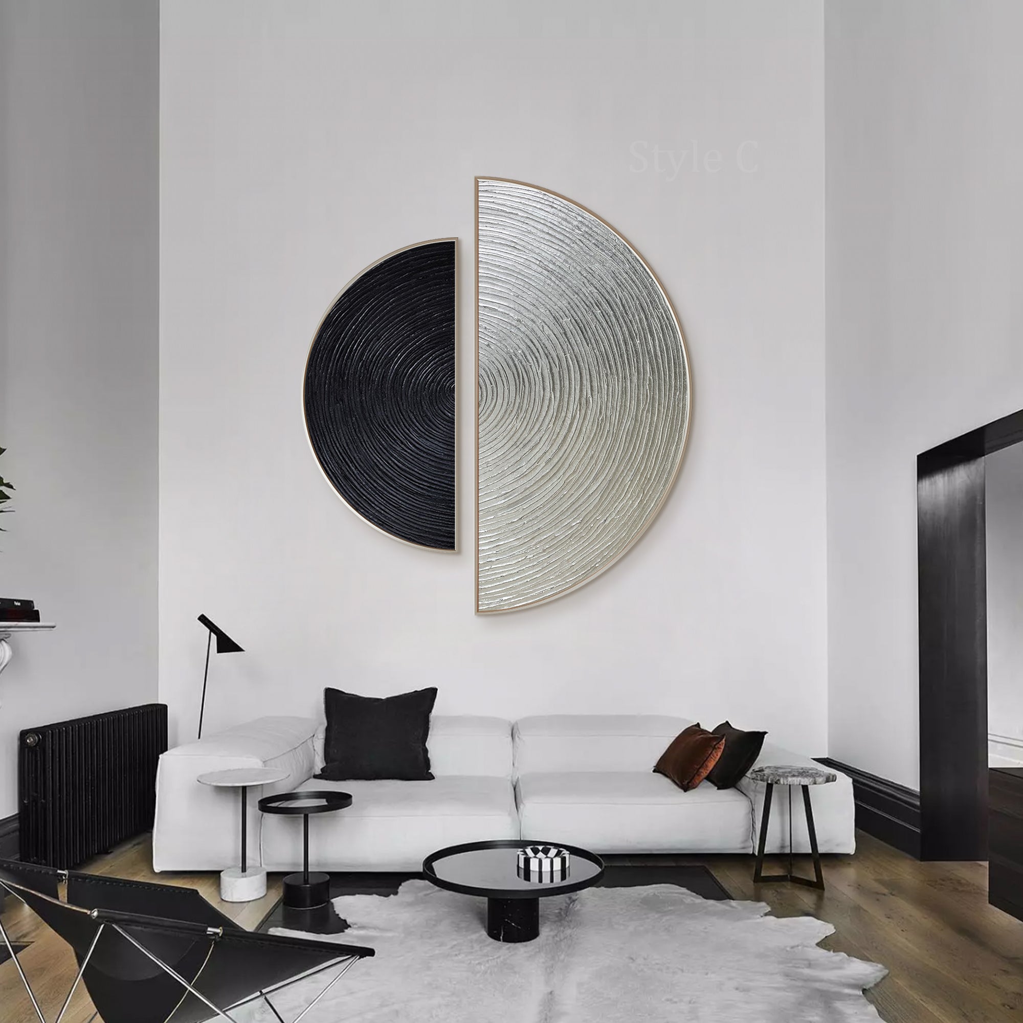 Black semicircle abstract painting with visible ring texture