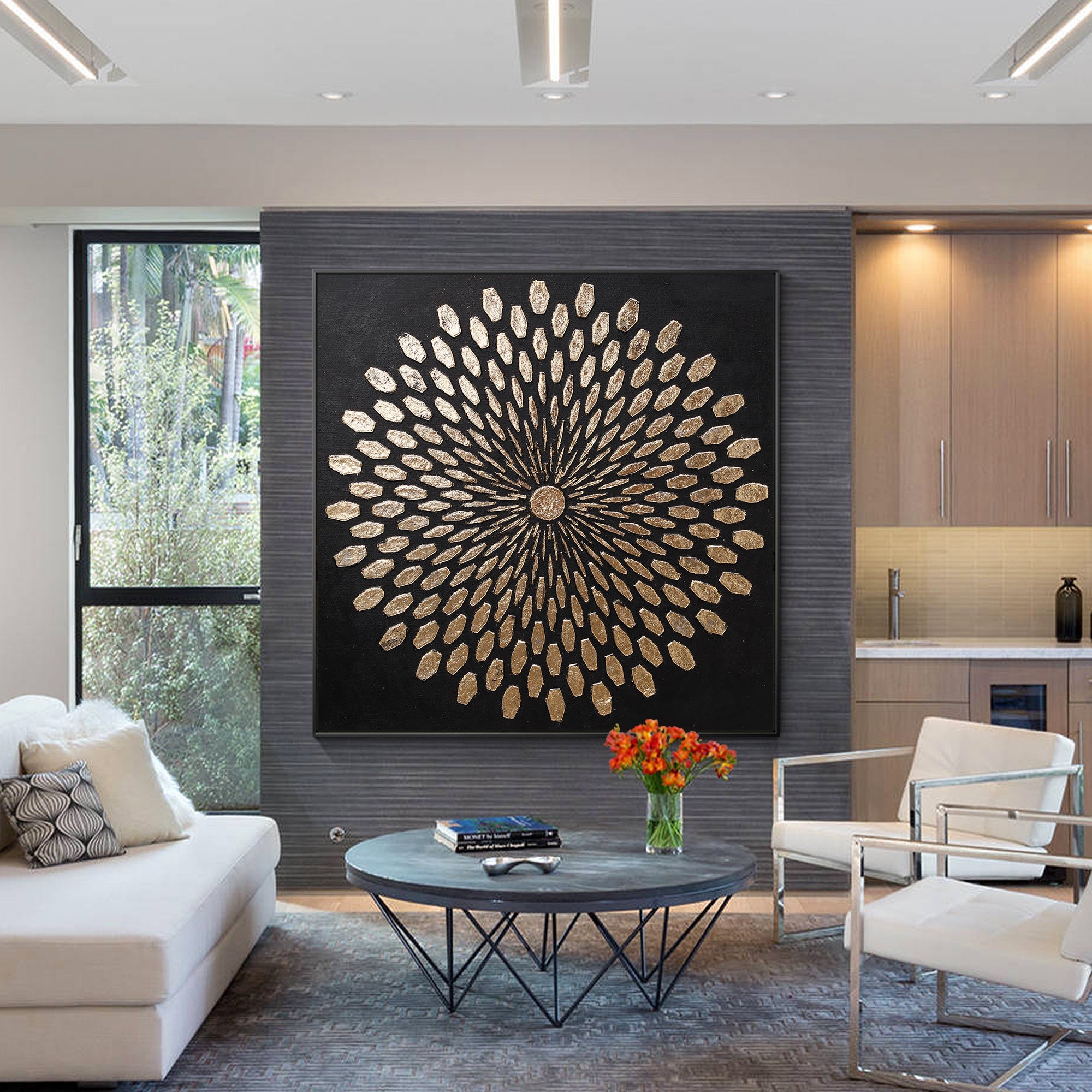 Gold textured abstract wall art featured in a contemporary living room