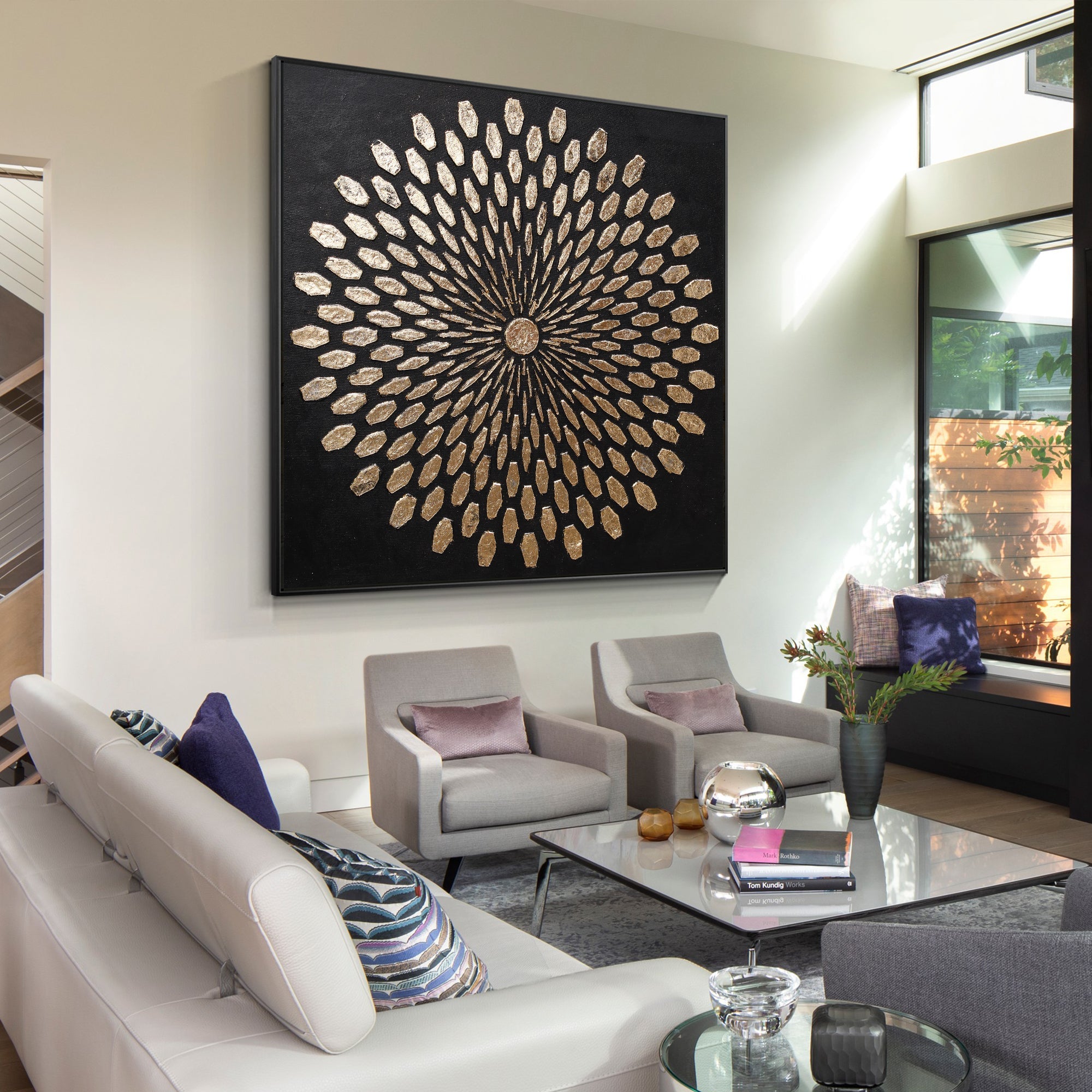 Textured gold abstract wall art as a focal piece in a modern living room