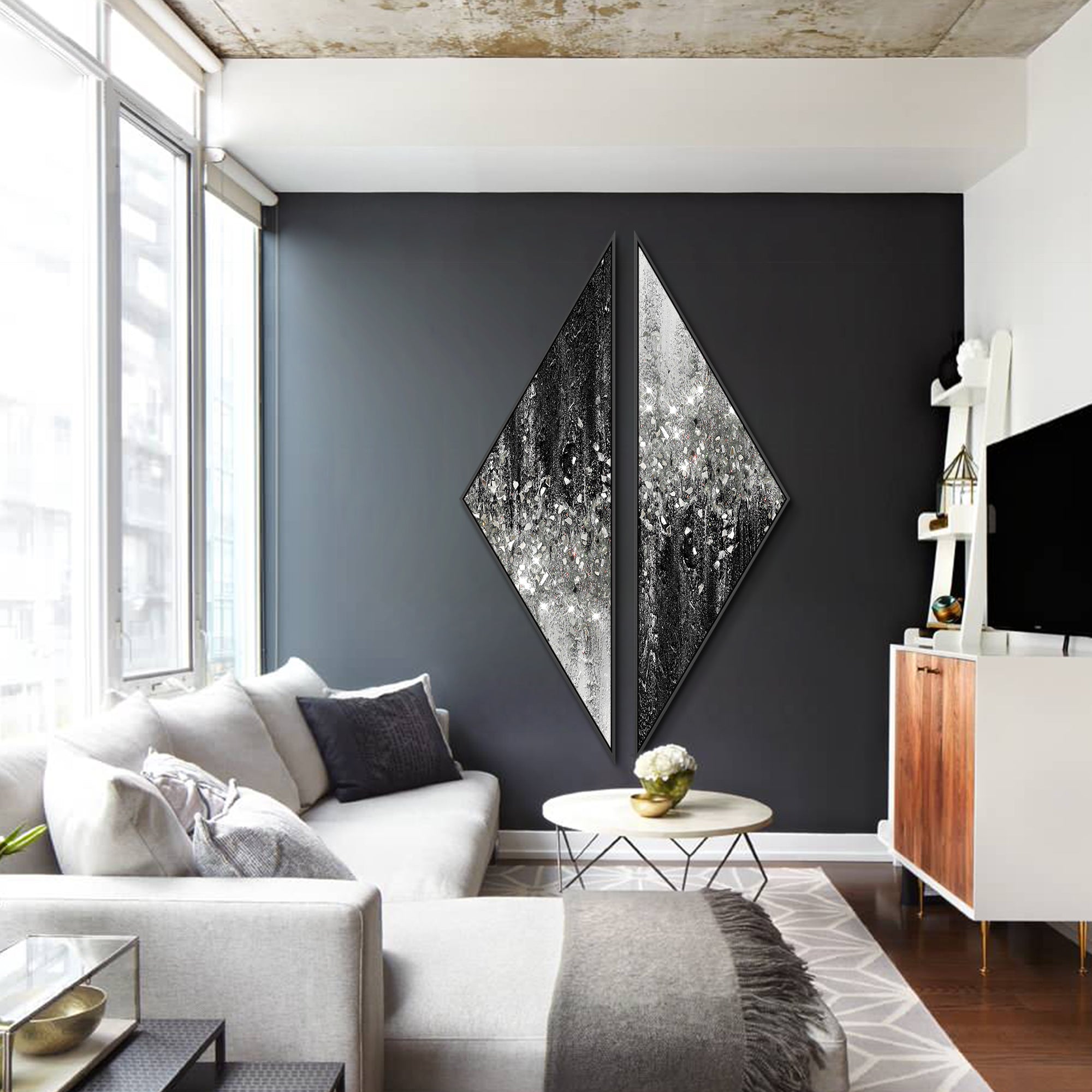 Set of two abstract triangle paintings with black to silver glass glitter transition on canvas