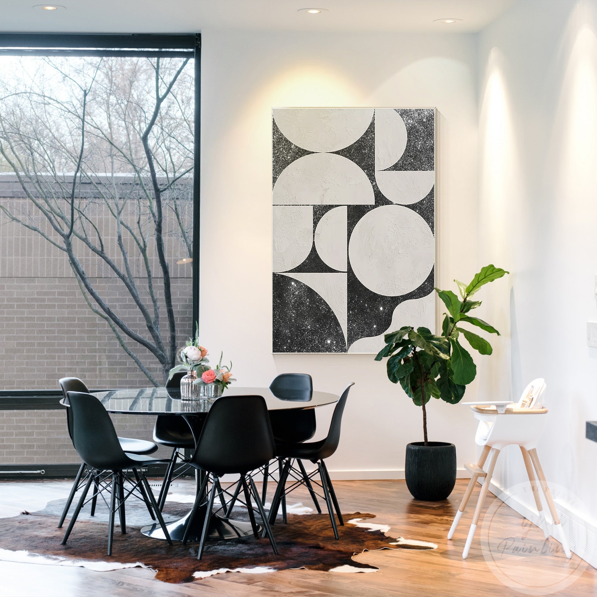 Black and White Abstract Artwork with Various Shape and Glitter for Dining Room.