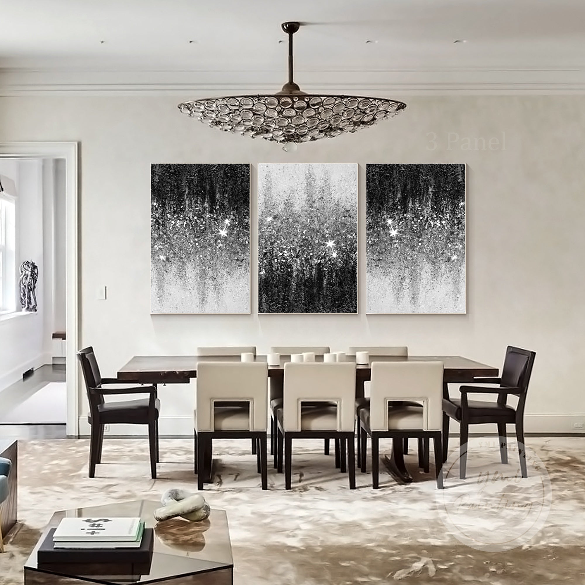 Black and white abstract triptych with crushed glass texture in dining room.