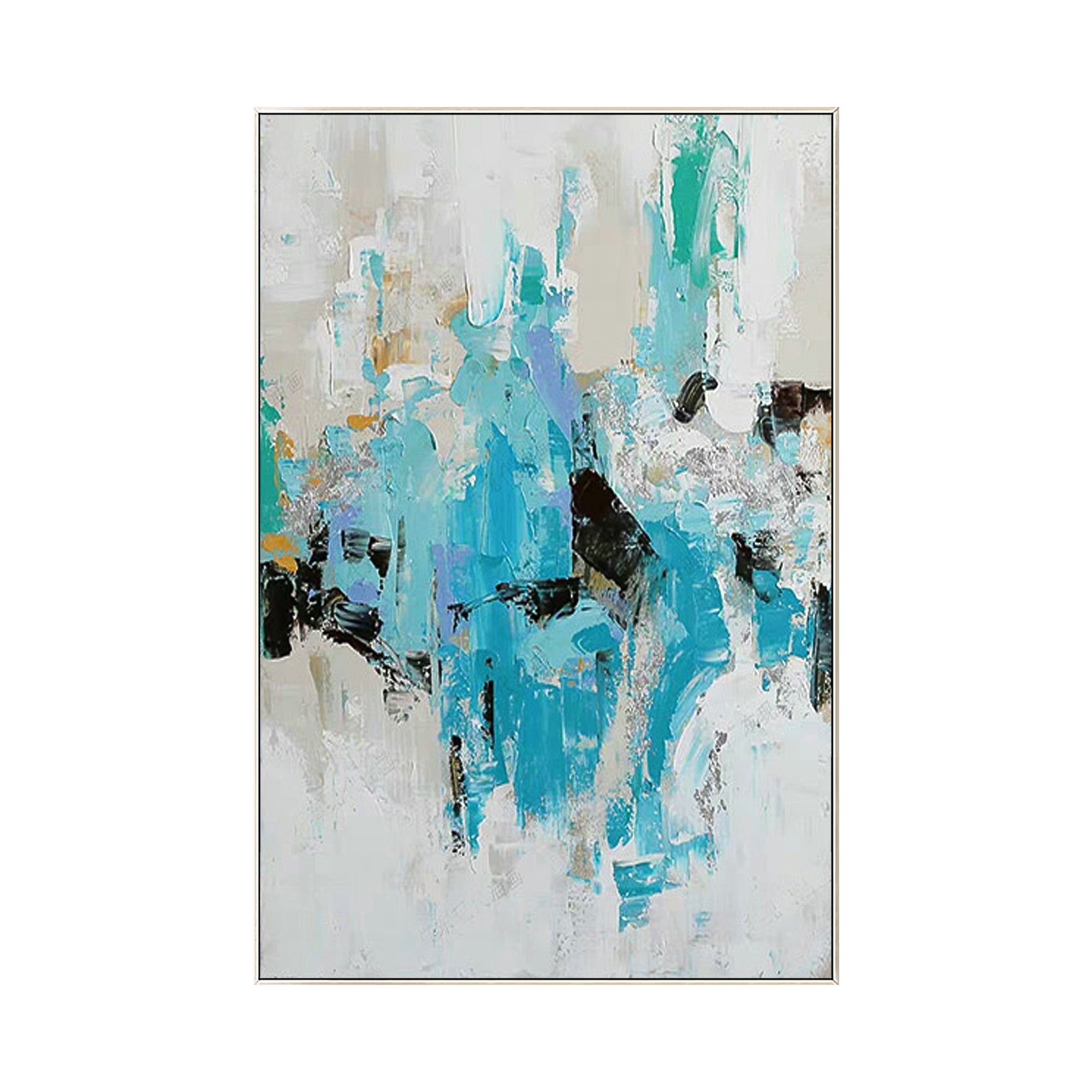 Bold and energetic abstract painting with thick texture and gold accents in a silver frame.