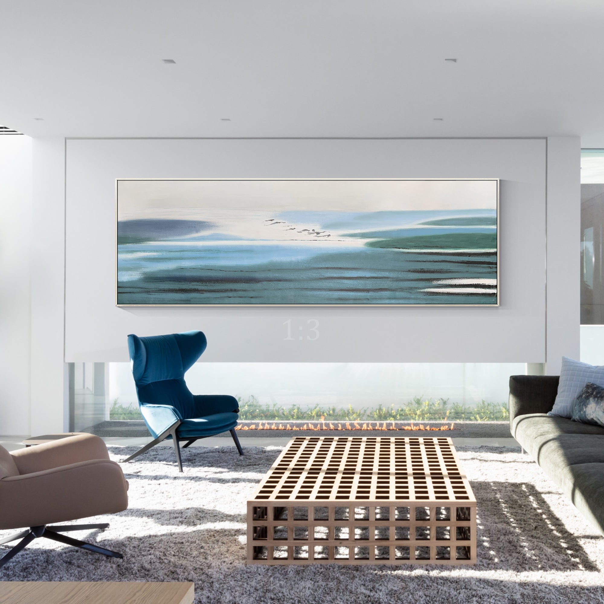 Abstract blue canvas artwork featuring soft transitions and blurred edges inspired by still water