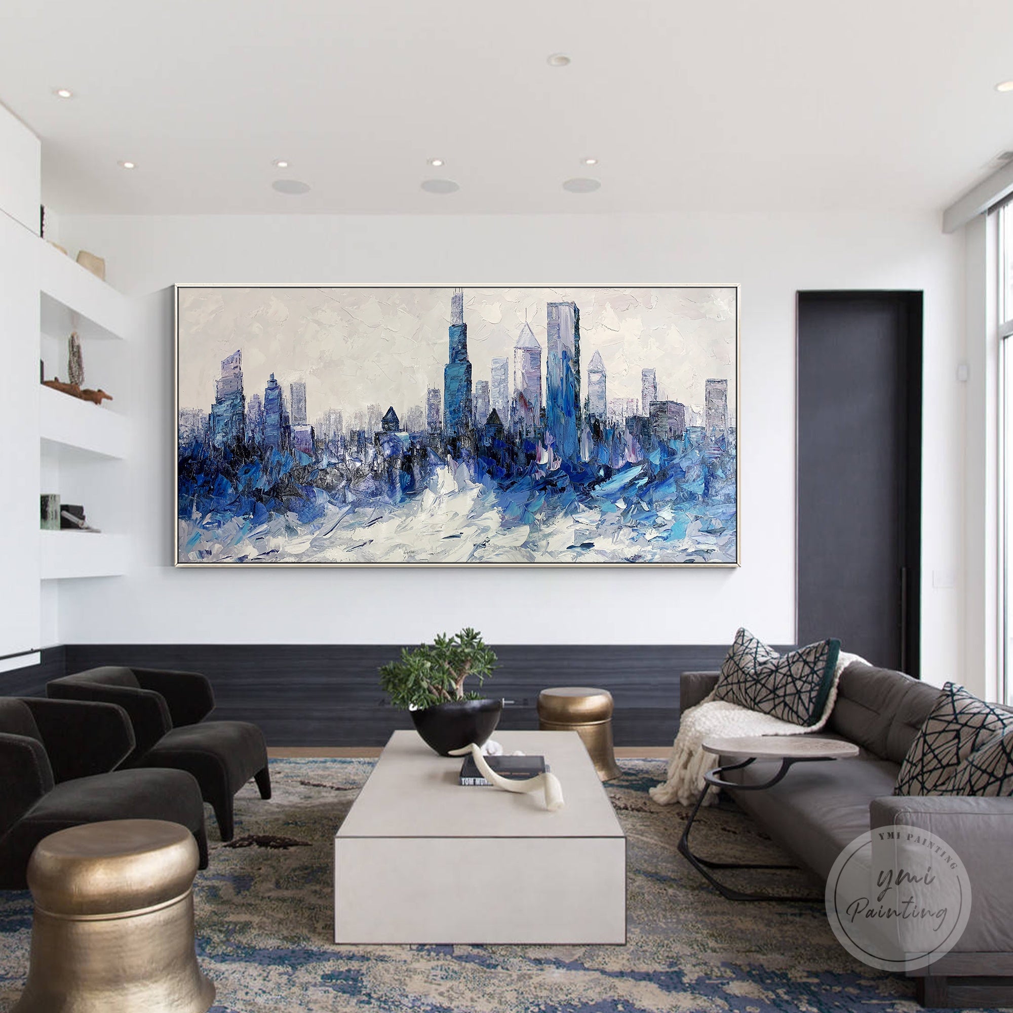 Chicago cityscape painting with abstract blue elements, perfect for living rooms or offices.