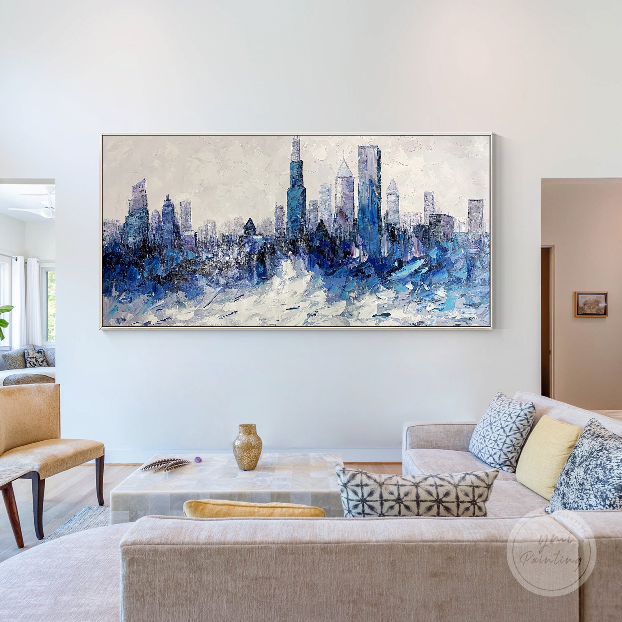 Framed abstract Chicago skyline painting in blue, perfect for creating a dynamic focal point.