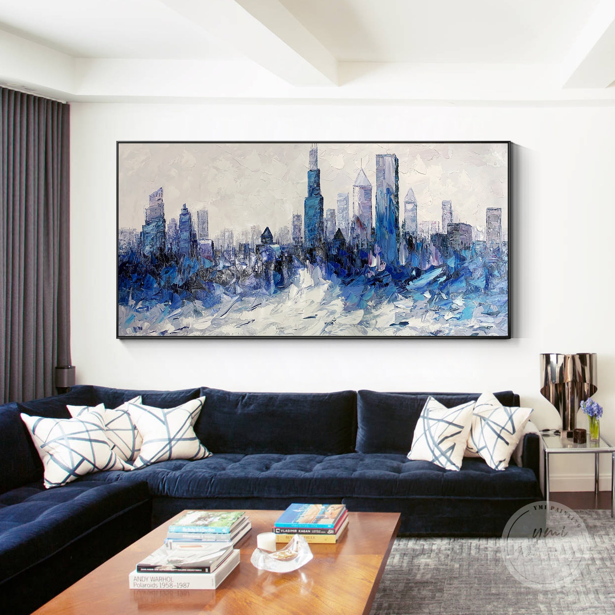 Textured blue abstract Chicago skyline painting, ideal for modern urban-themed interiors.