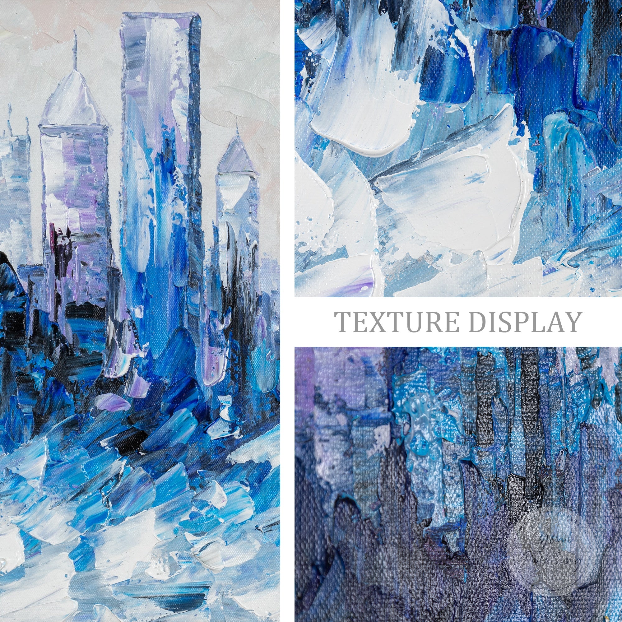 Framed canvas art of Chicago’s skyline in abstract blue tones, creating a striking statement piece.