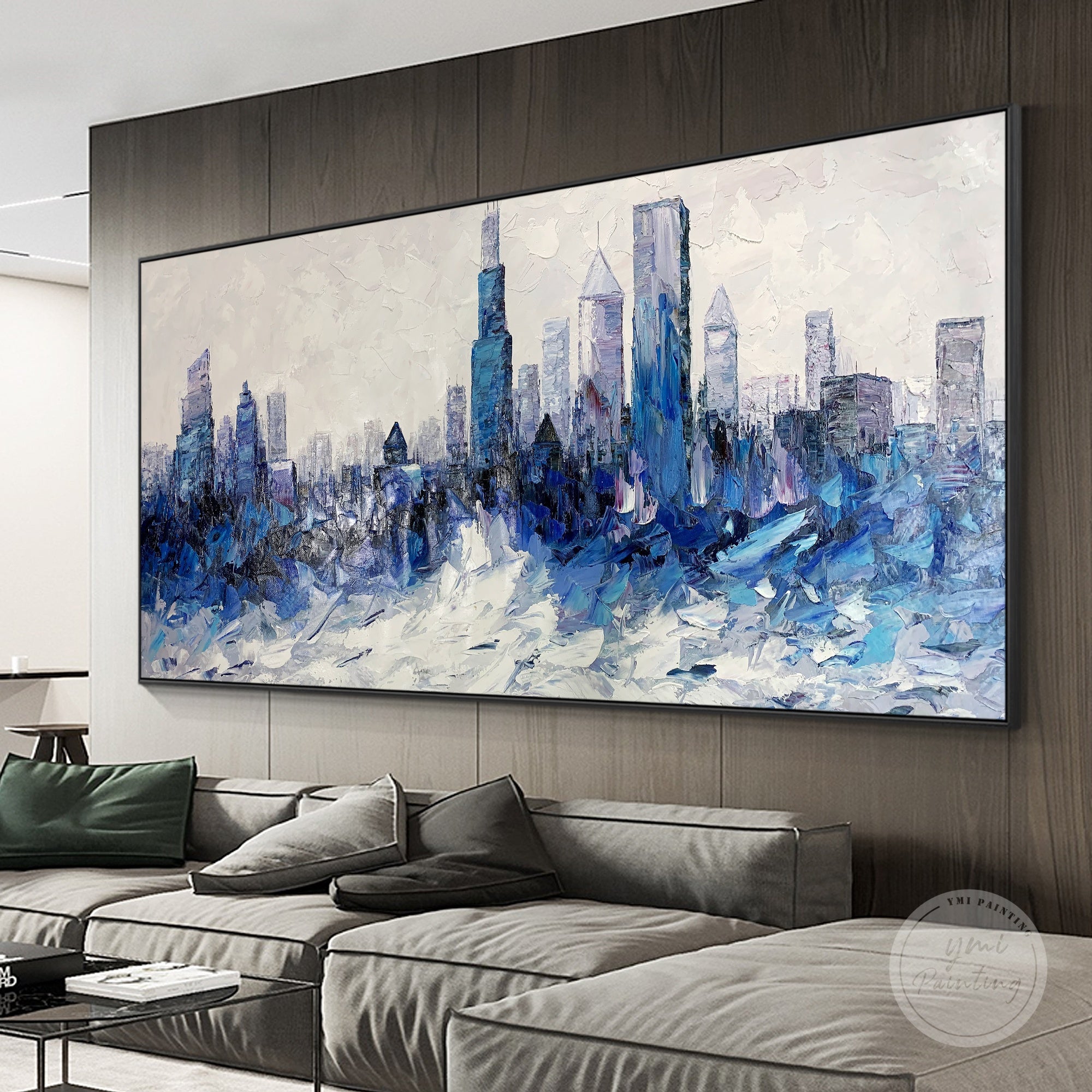 Hand-painted abstract cityscape of Chicago in vibrant blue hues, adding energy to any urban space.