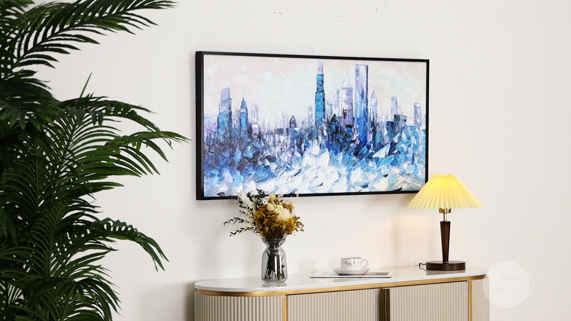 Modern blue cityscape painting of Chicago, adding sophistication and style to any interior.