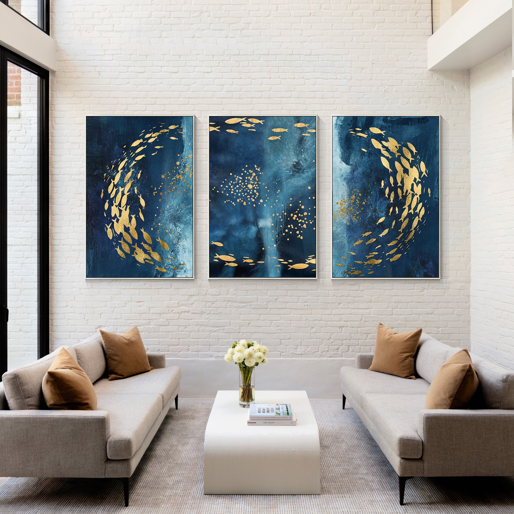 Blue Gold Abstract Fish Painting Set of3