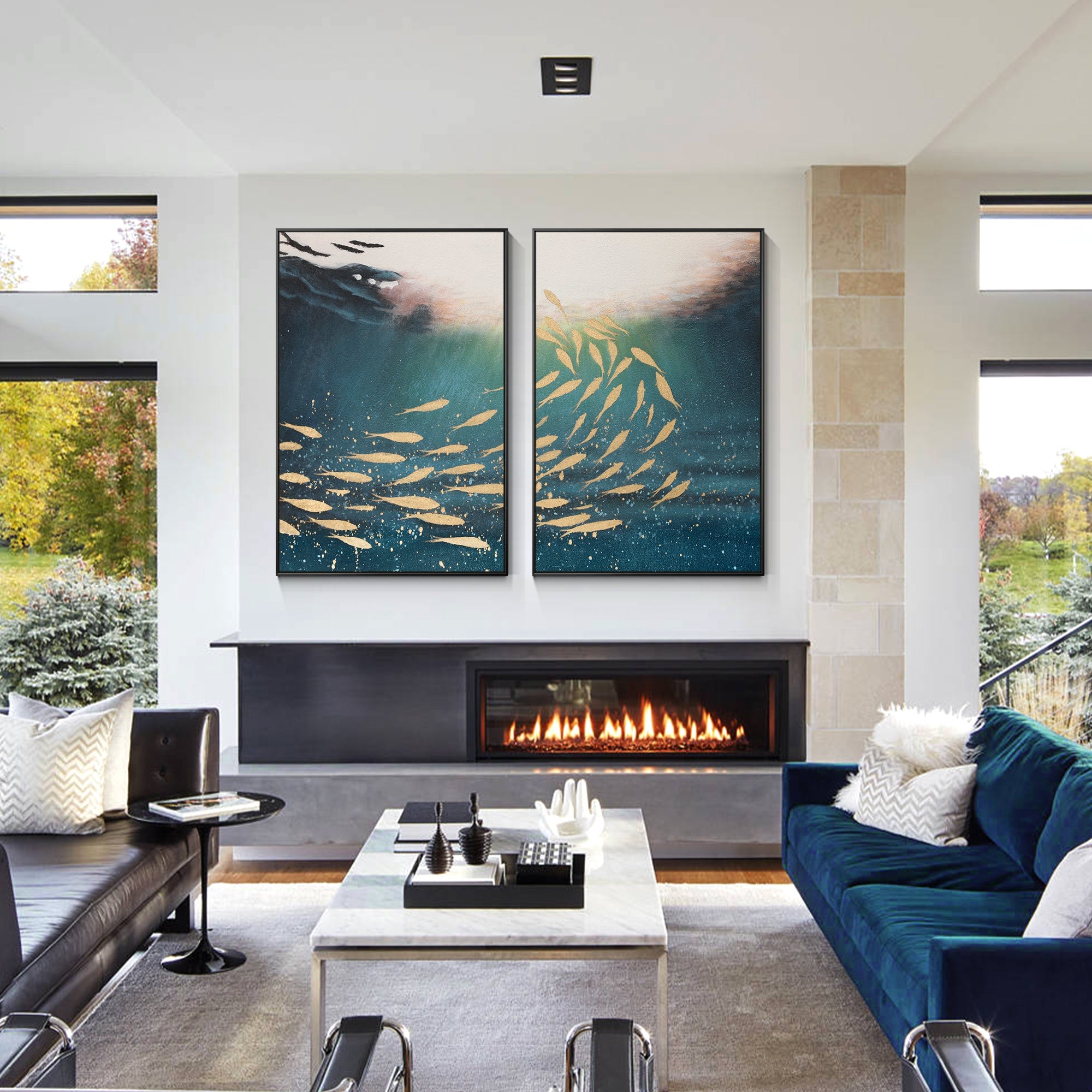 Blue gold abstract fish wall art set of 2 on a living room feature wall