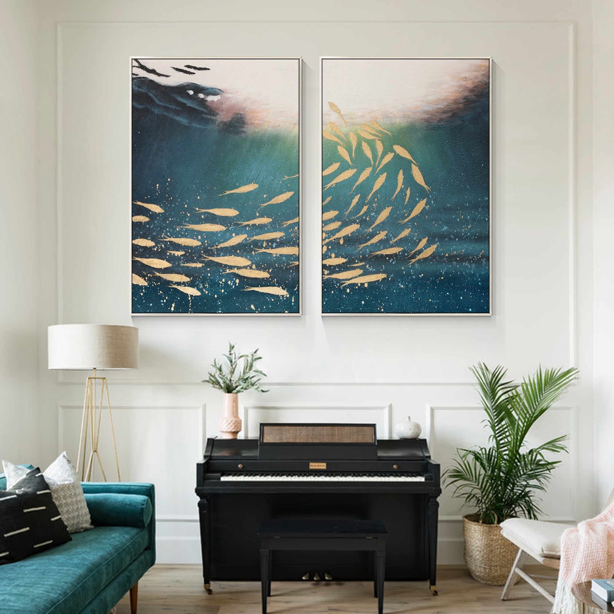Blue and gold abstract fish canvas set of 2 styled in a minimalist living room