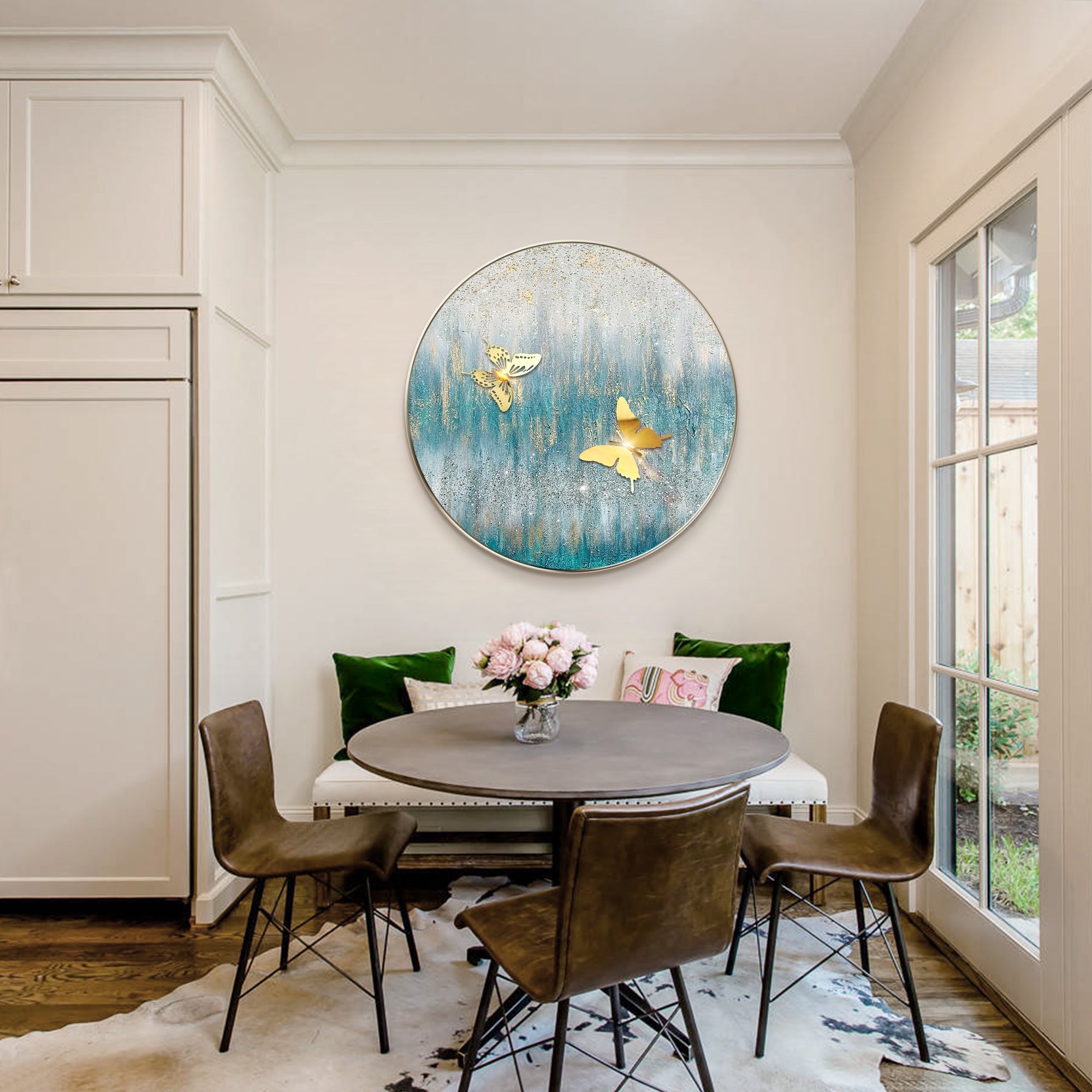 Blue green abstract glitter painting with gold accents