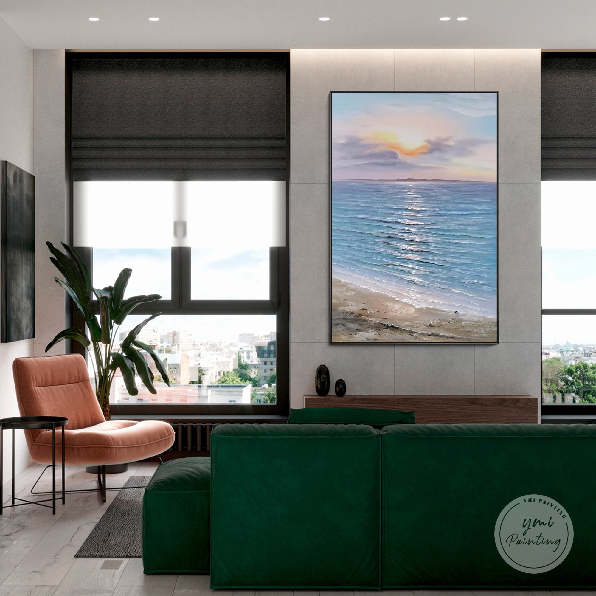 Ocean sunset wall art for bedroom with pastel sky and shoreline