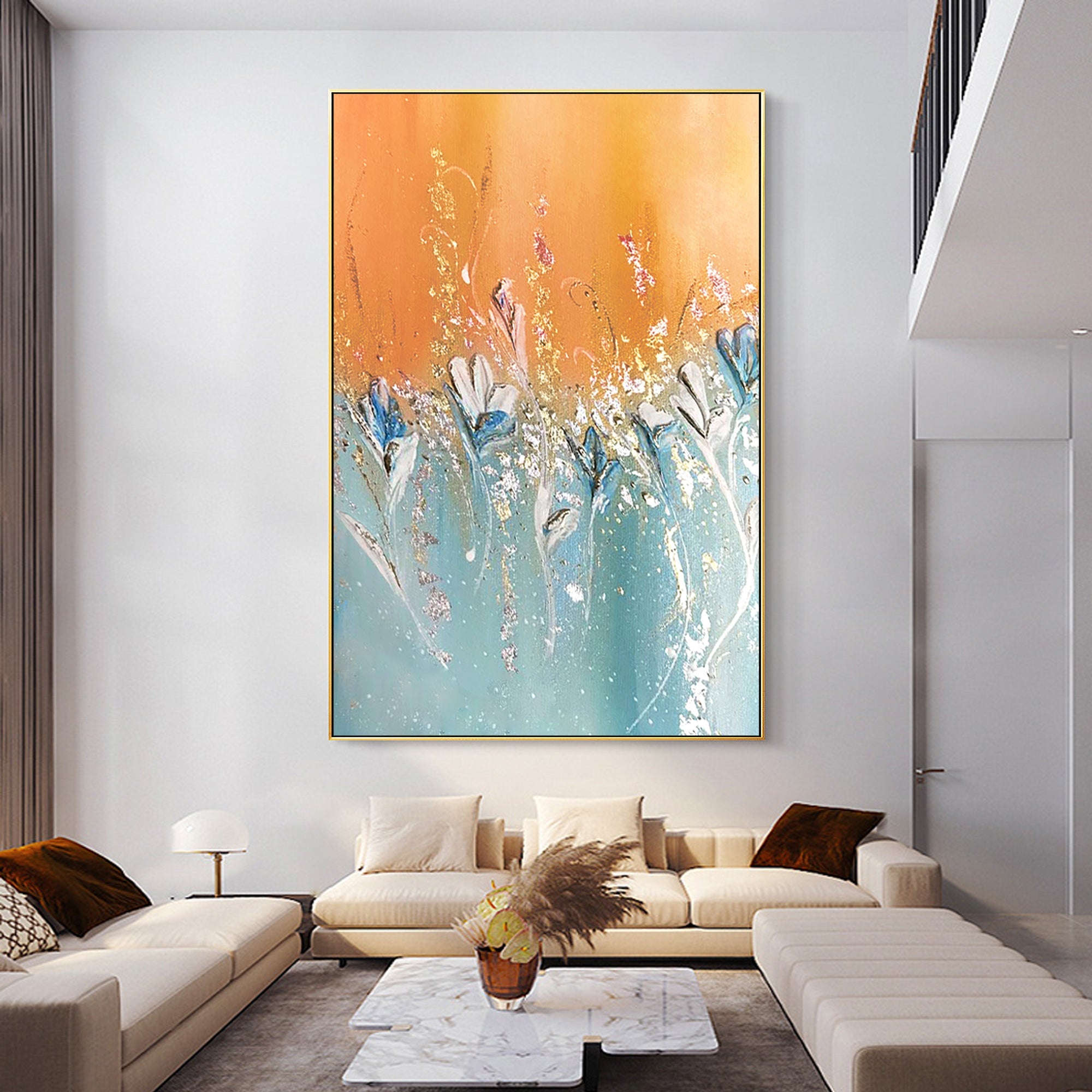 Blue orange abstract wild flower painting with textured surface