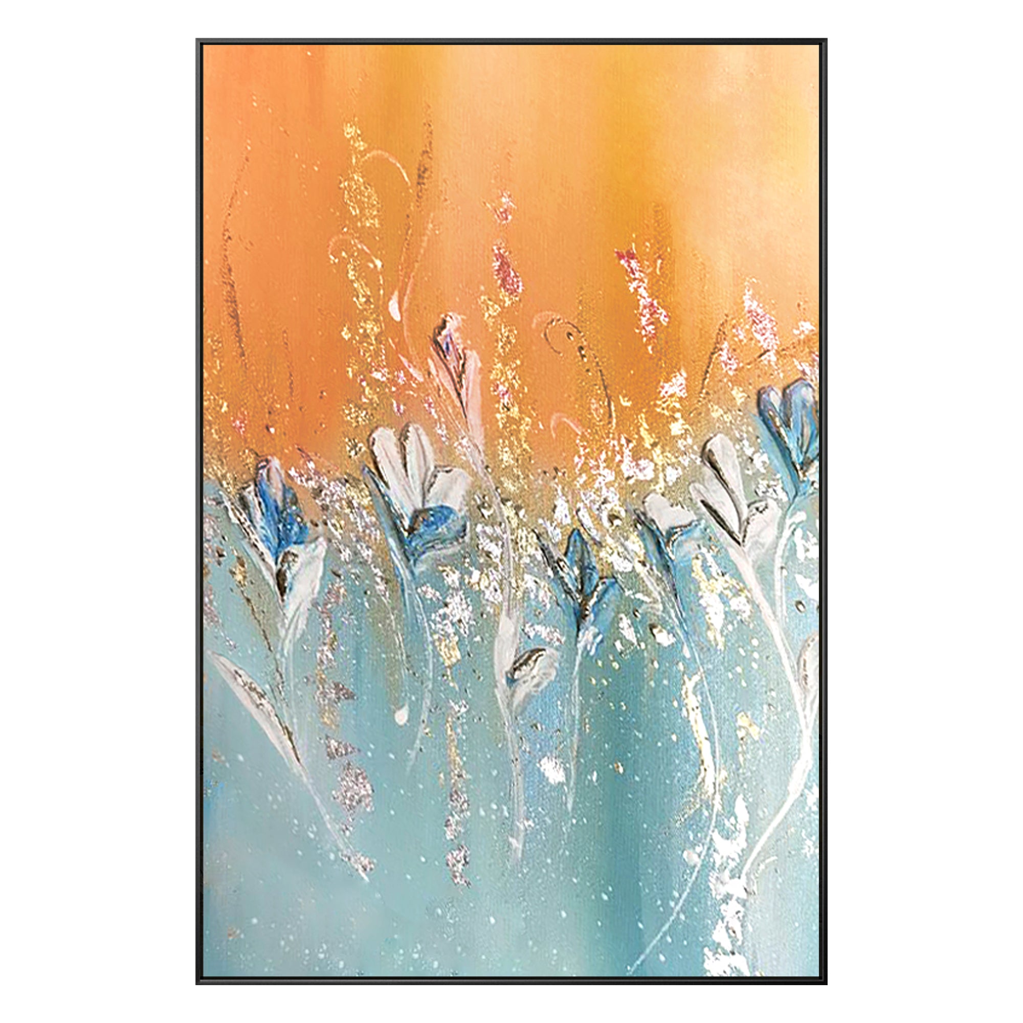 キャンバスに描かれた青とオレンジの抽象的な野花の絵画