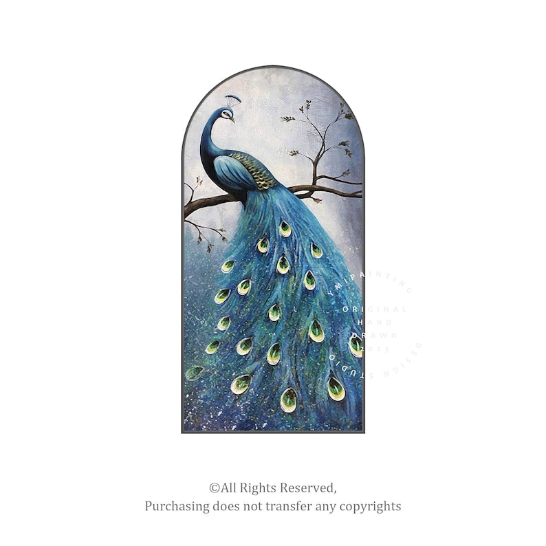 Elegant peacock oil painting in vibrant blue hues, ideal for modern home decor.