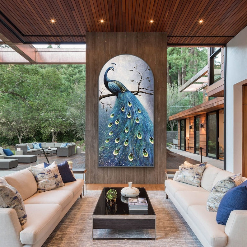 Large framed peacock wall art featuring a detailed, colorful peacock, bringing grace and beauty to your living space.