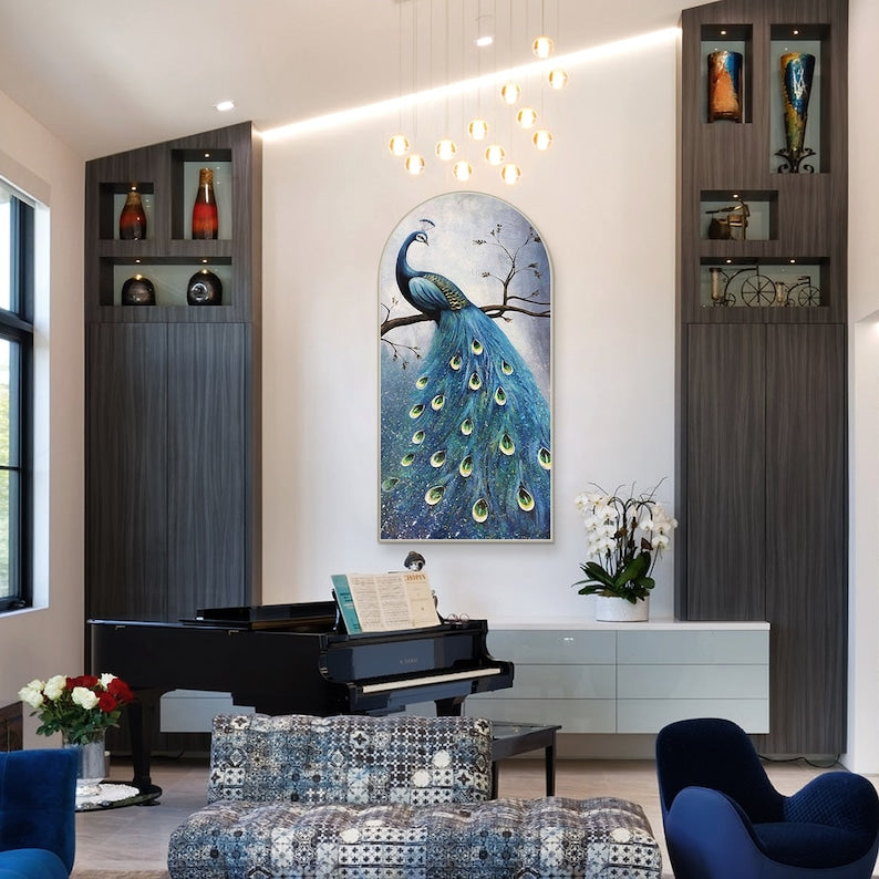 Beautiful blue peacock painting with intricate details, perfect for large wall spaces in living rooms or hallways.