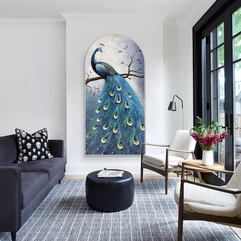 Peacock artwork with bright blue tones and rich textures, ideal for adding a touch of sophistication to any room.