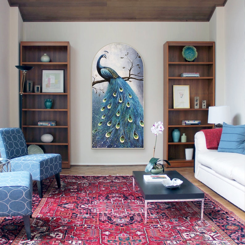 Large peacock wall art, framed and ready to hang, offering a stunning focal point for your home or office.
