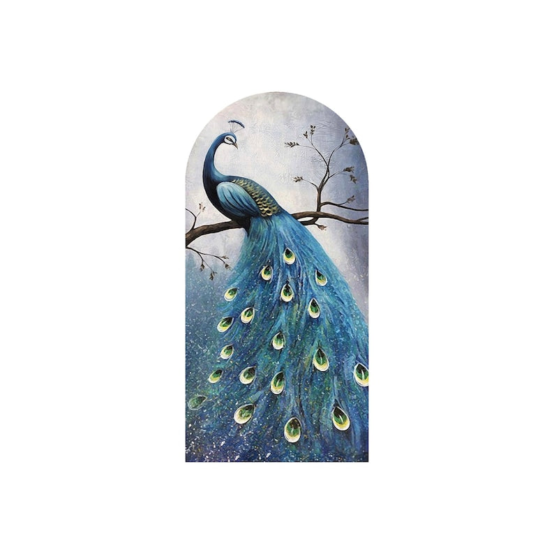 Vibrant peacock oil painting with brilliant blue and green feathers, designed to add luxury and elegance to your walls