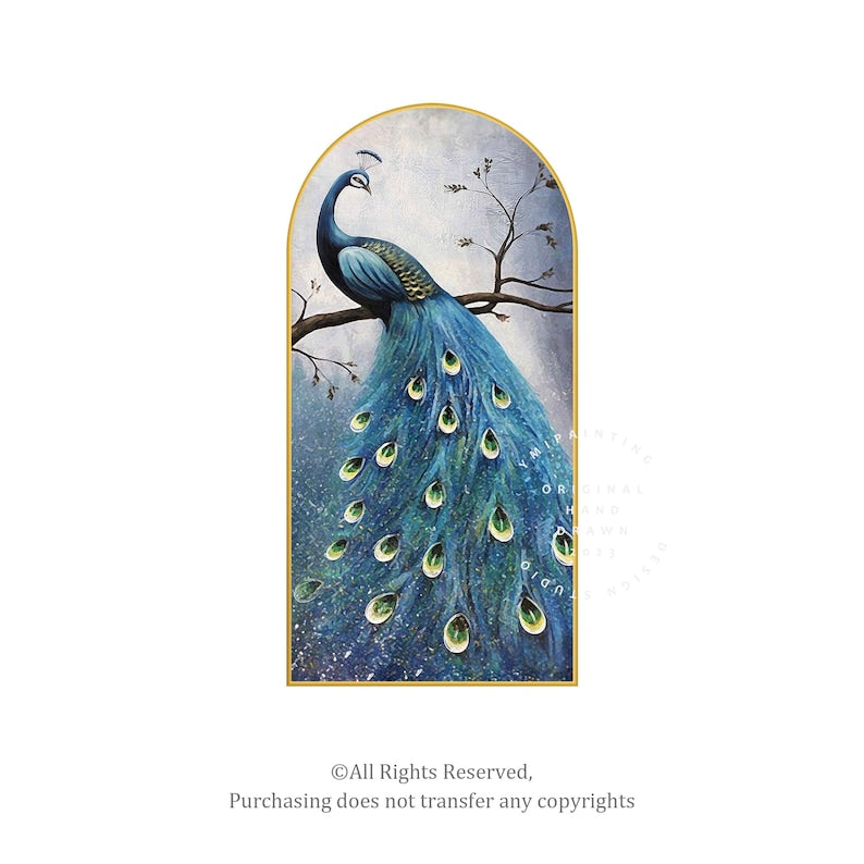 Majestic peacock artwork with an arched frame, a symbol of beauty and elegance, perfect for large wall displays.
