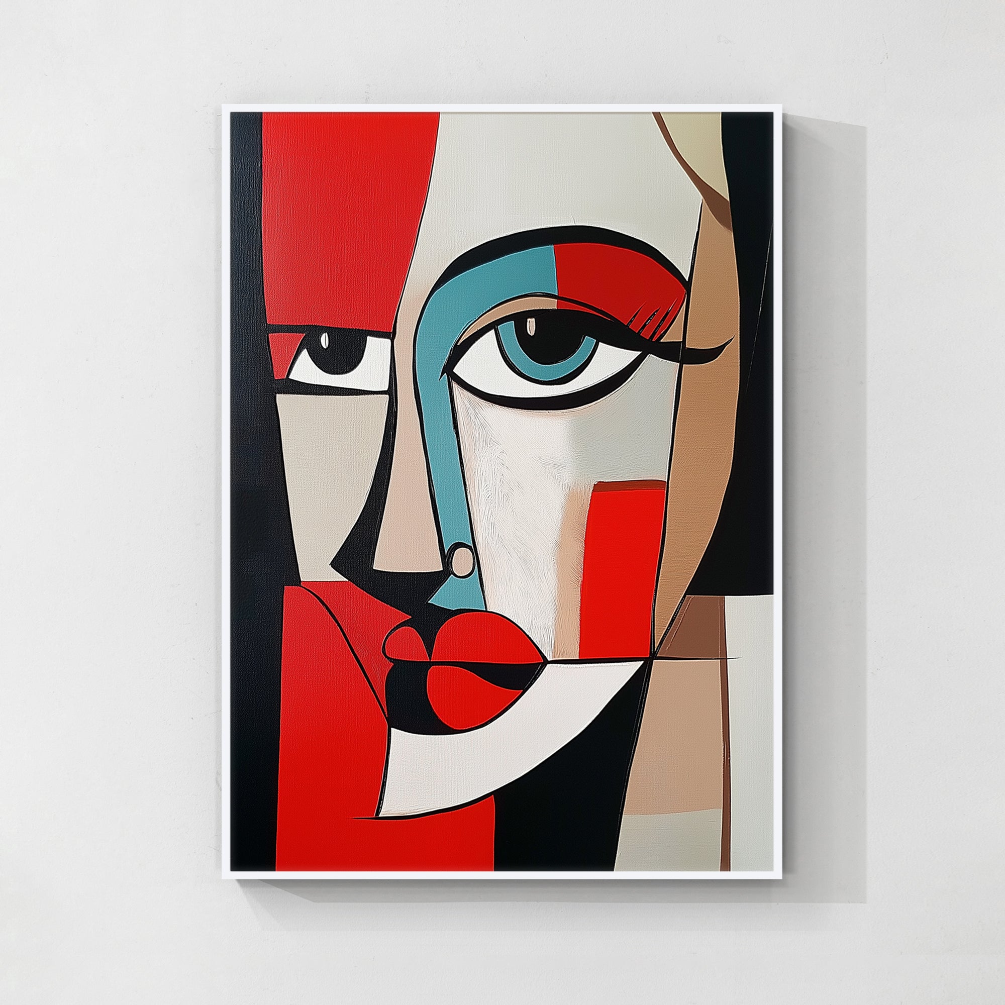 Geometric abstract female face painting with red, beige, and teal colors