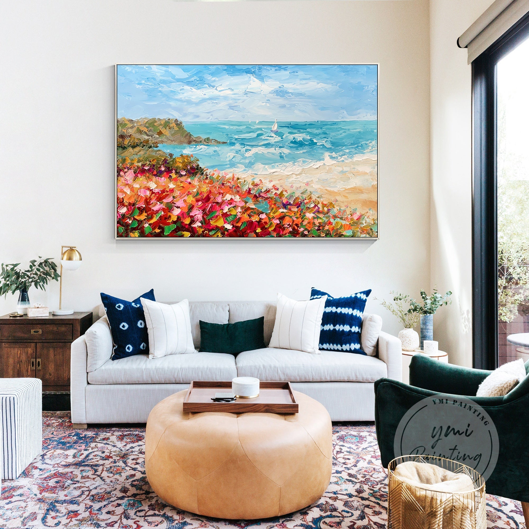 This lively and colorful beach scene filled with vibrant flowers and sailboats brings a joyful vibe to contemporary living spaces.