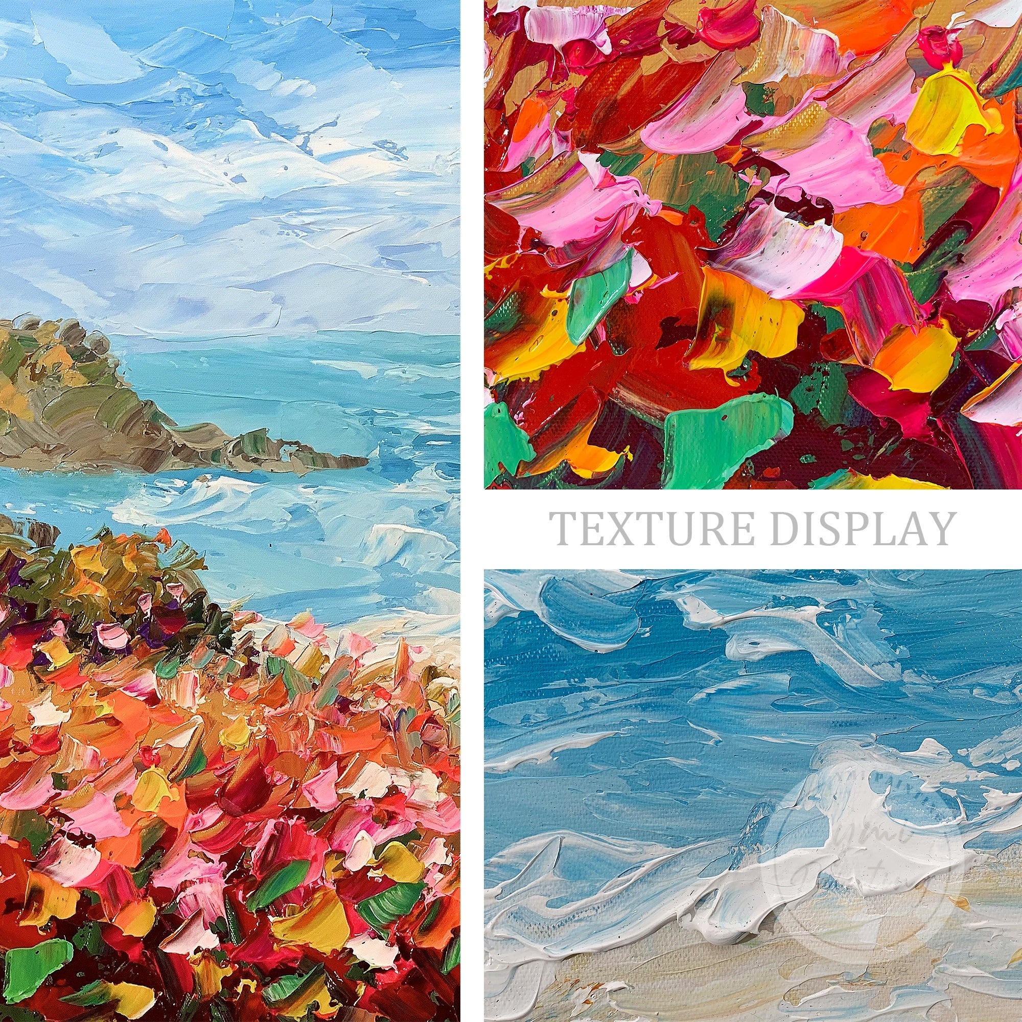 Add a touch of coastal charm to your living room with this bright and cheerful beach scene featuring flowers and a sailboat.