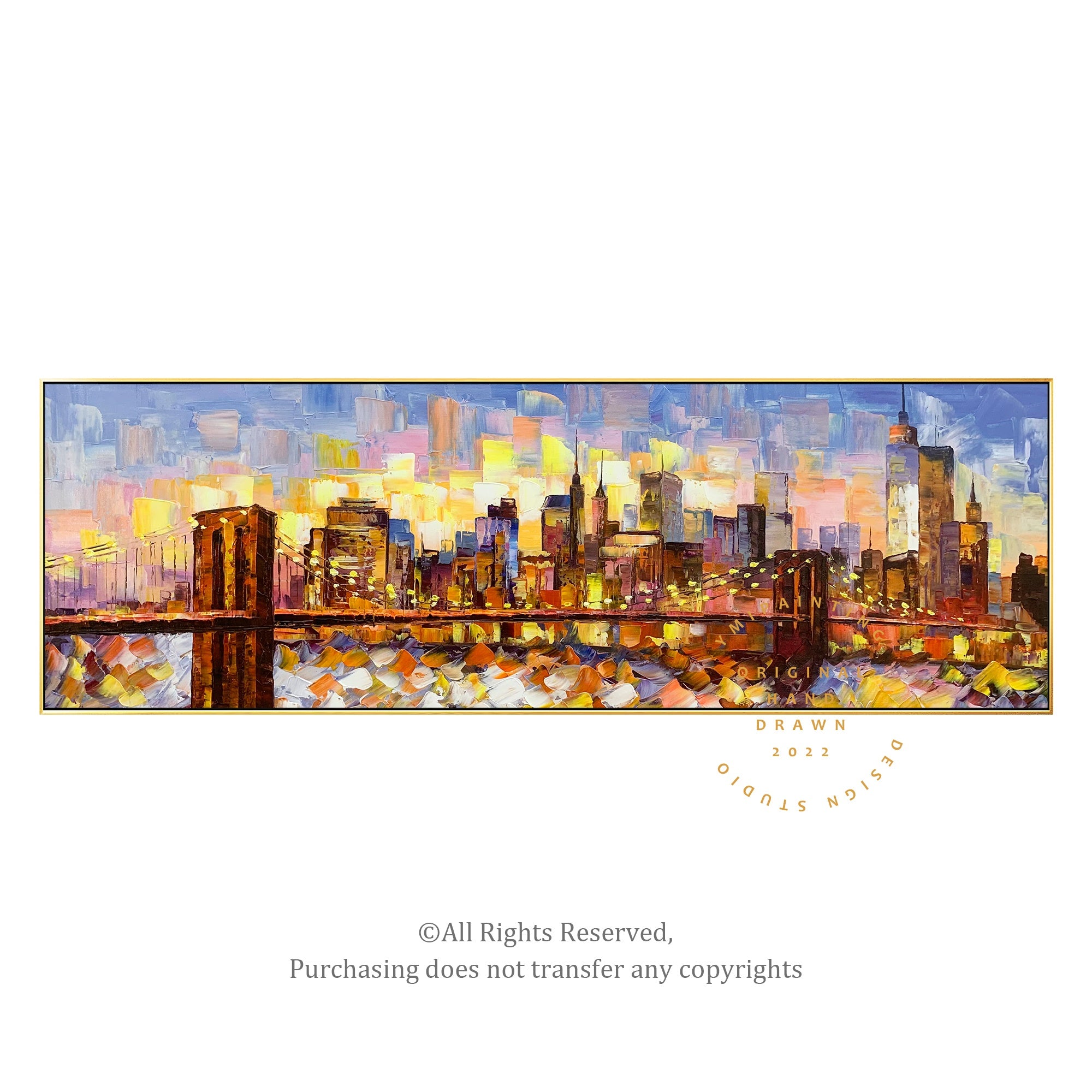 Urban cityscape art featuring the Brooklyn Bridge with Manhattan skyline, adding energy to any modern space.