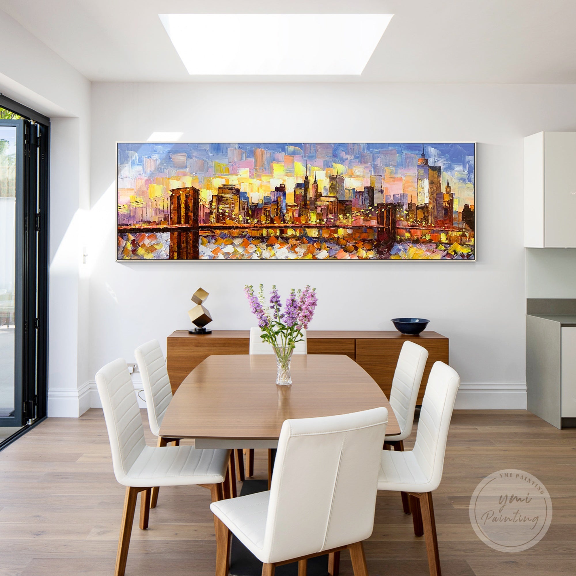 Textured cityscape oil painting of the Brooklyn Bridge and Manhattan skyline, perfect for living rooms and offices.