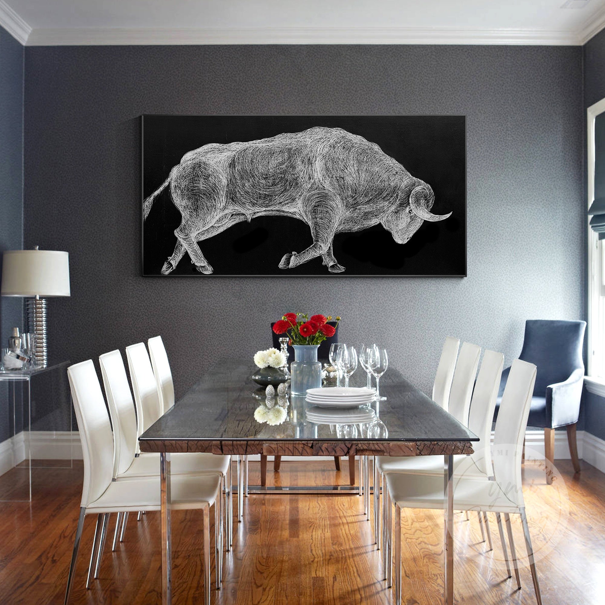 Dynamic bull artwork in metallic silver, designed to inspire success and resilience in your workspace.