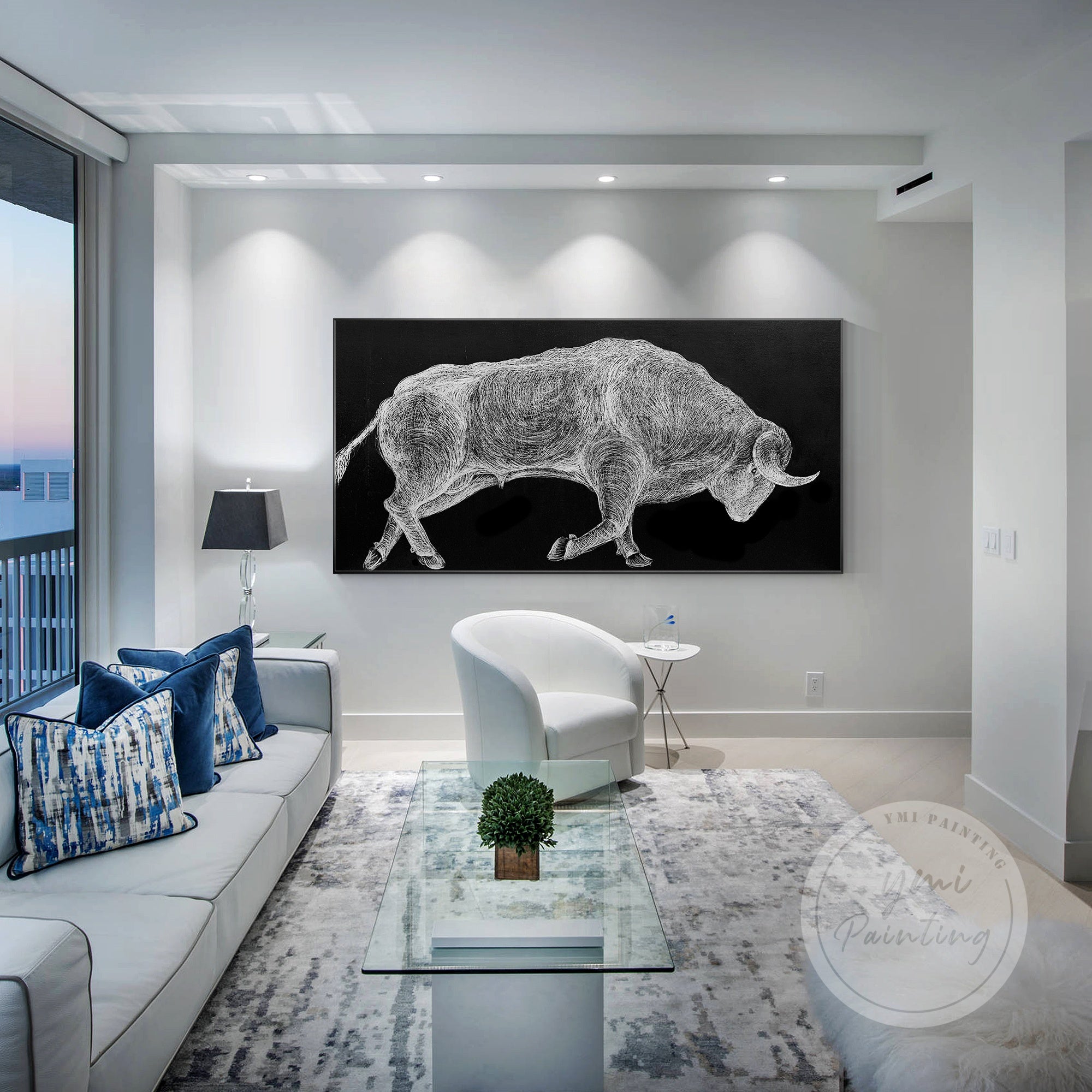 Abstract silver bull painting, a bold and striking piece that adds a modern touch to any office or living room.