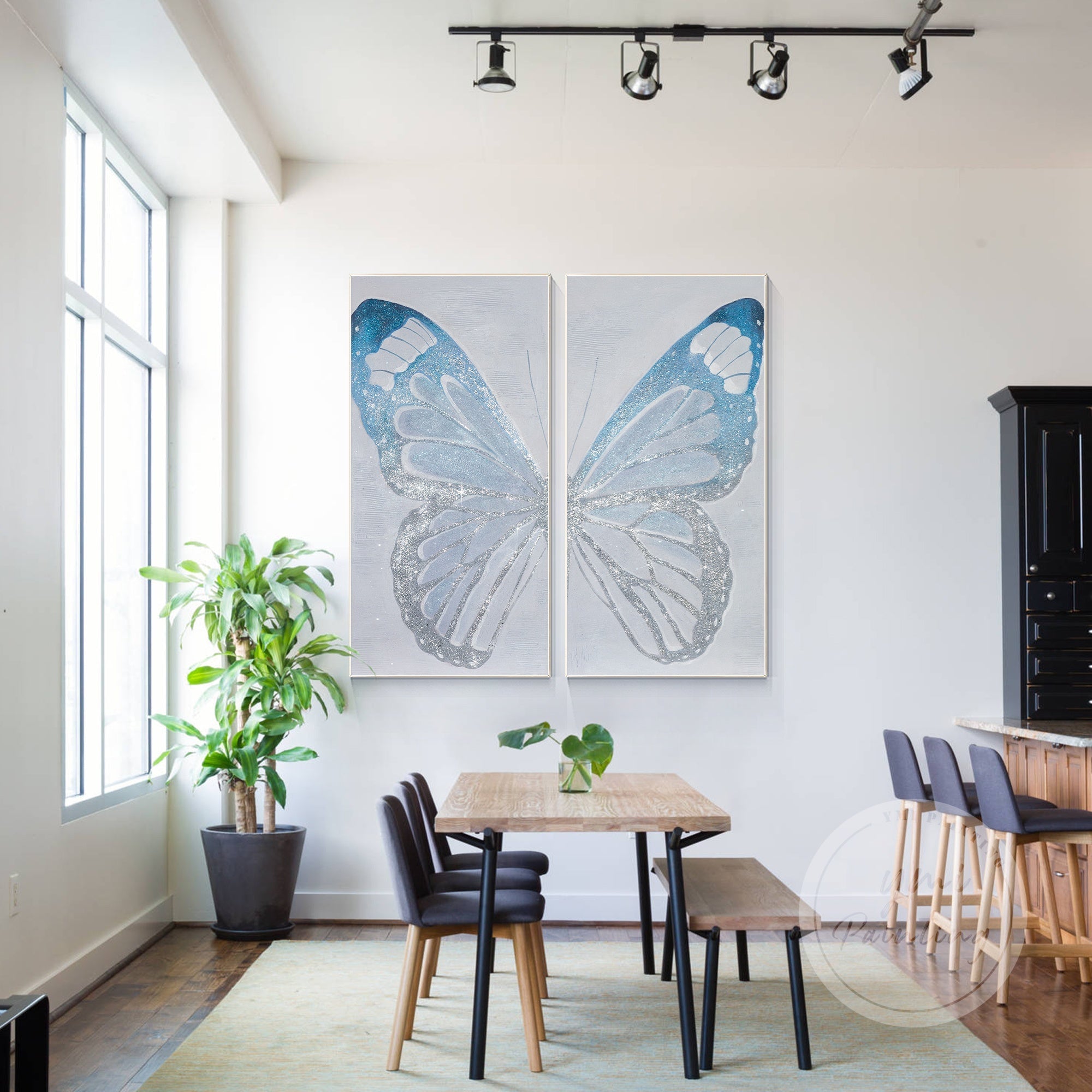 Original butterfly painting set of 2 with silver glitter details, adding elegance and sparkle to your wall decor.