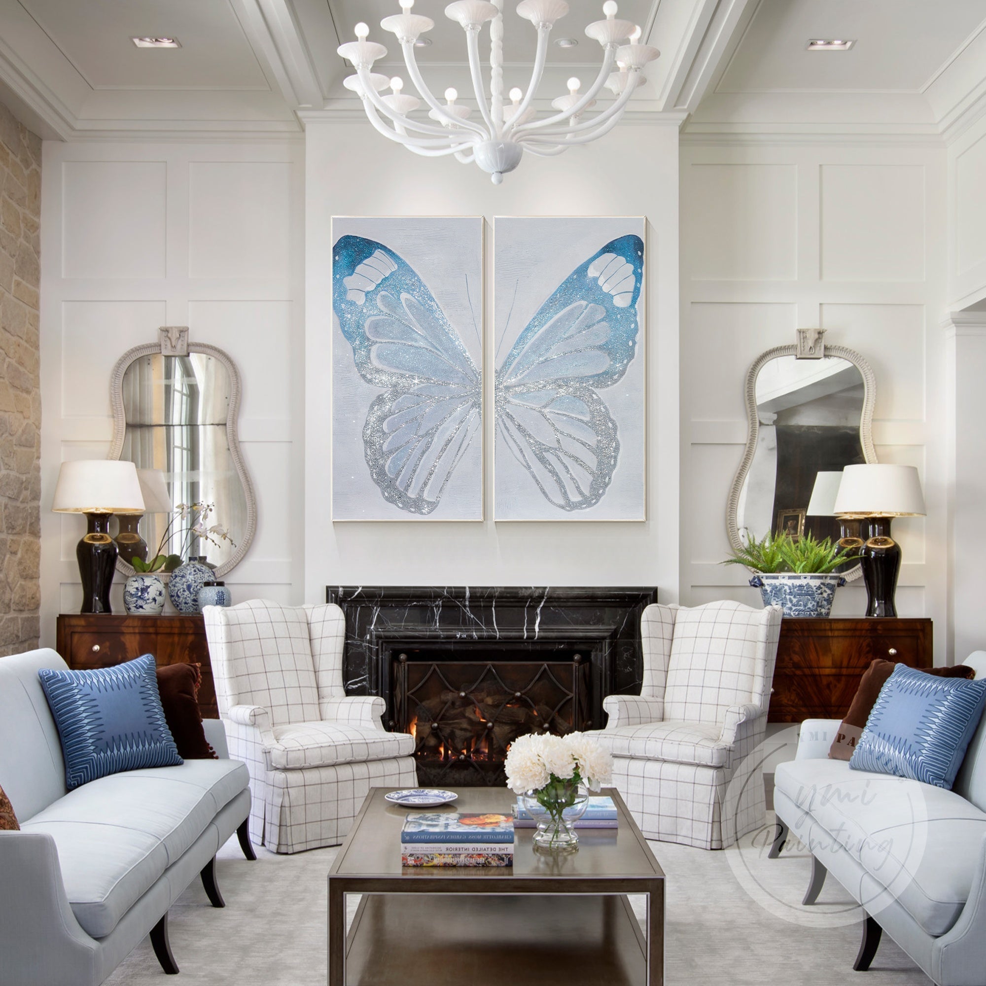 Hand-painted butterfly canvas art set featuring vibrant colors and metallic sparkle, symbolizing transformation and hope.