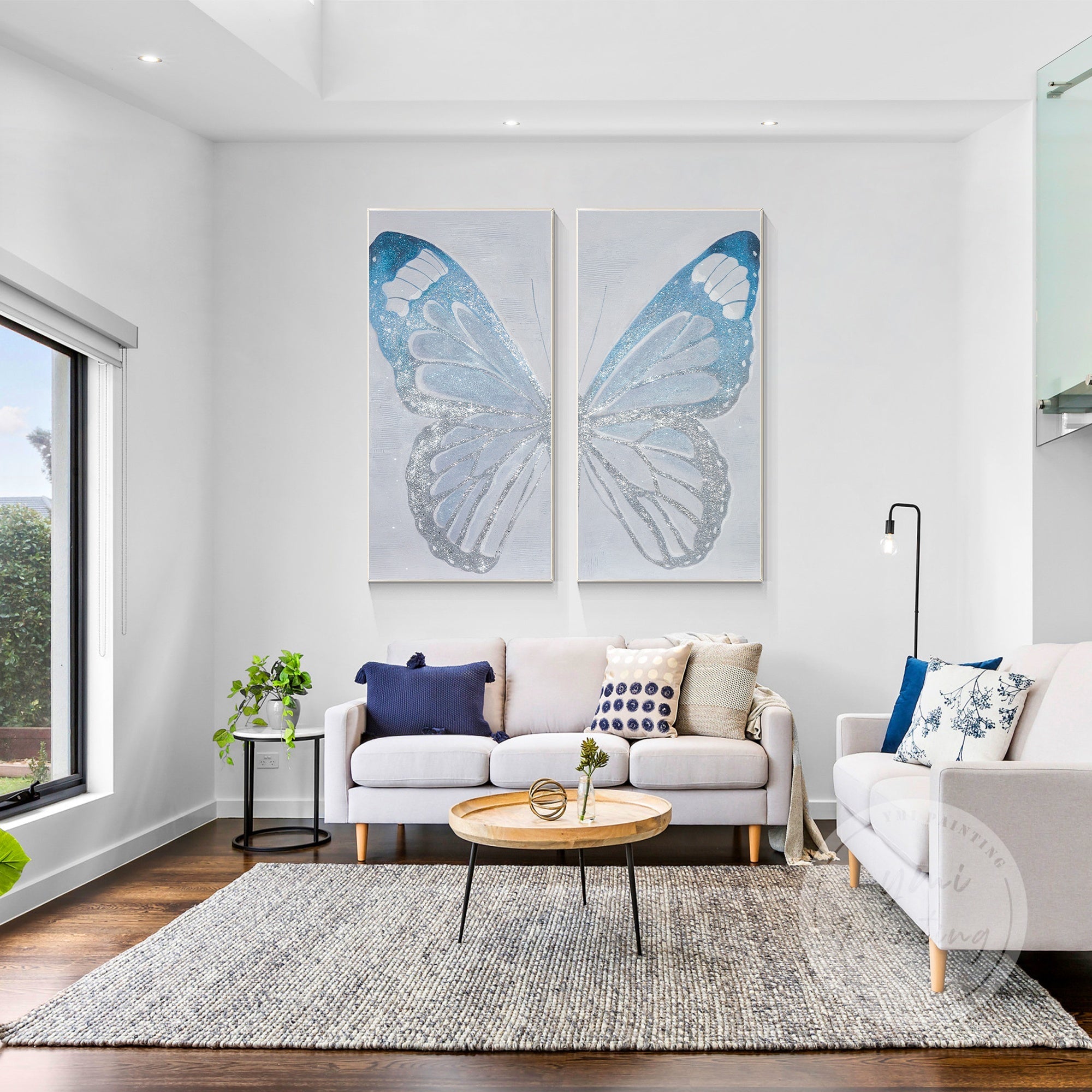 Elegant silver glitter butterfly painting, a two-piece wall decor set that brings charm and light to any room.