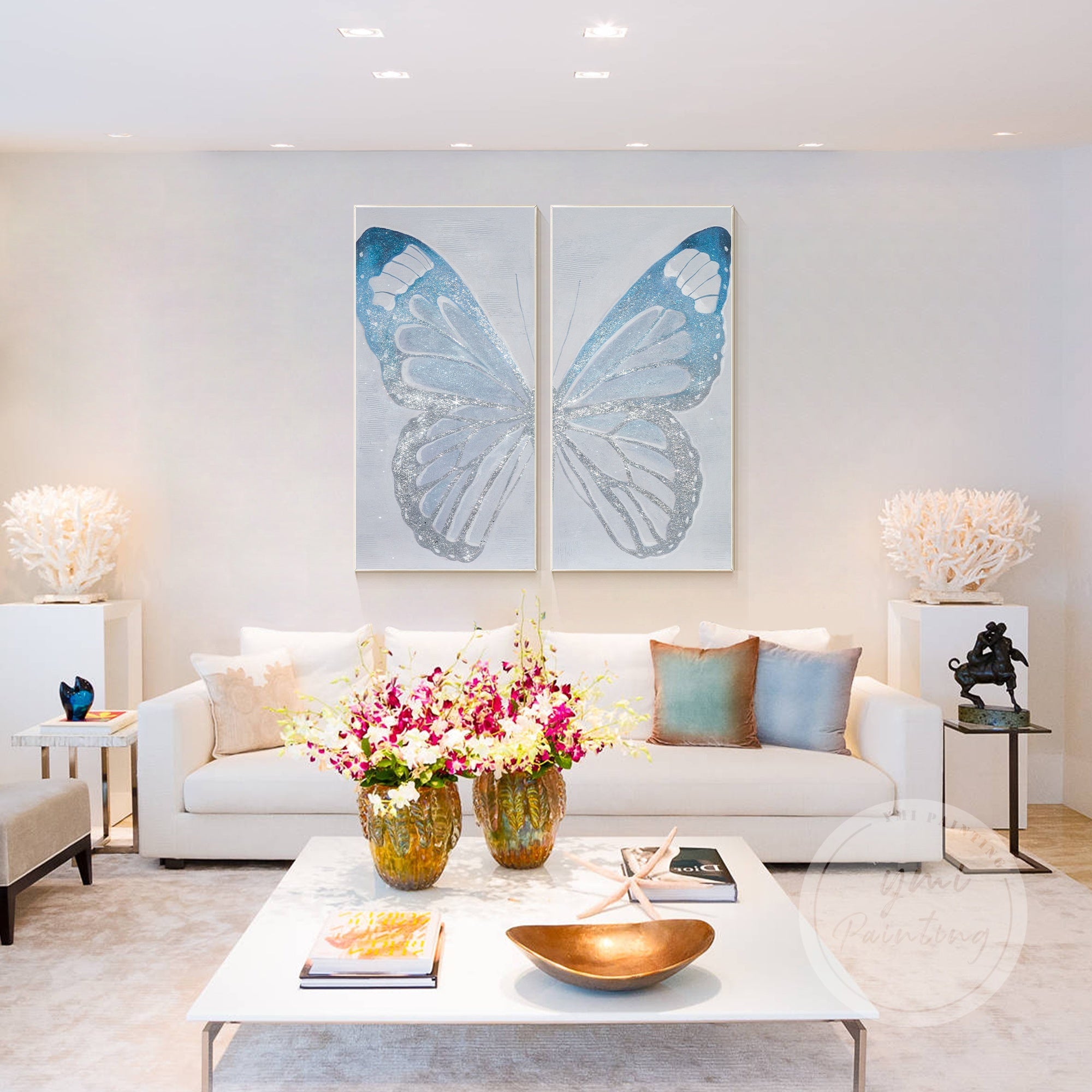 Contemporary butterfly canvas art with metallic silver highlights, adding vitality and elegance to your living space.